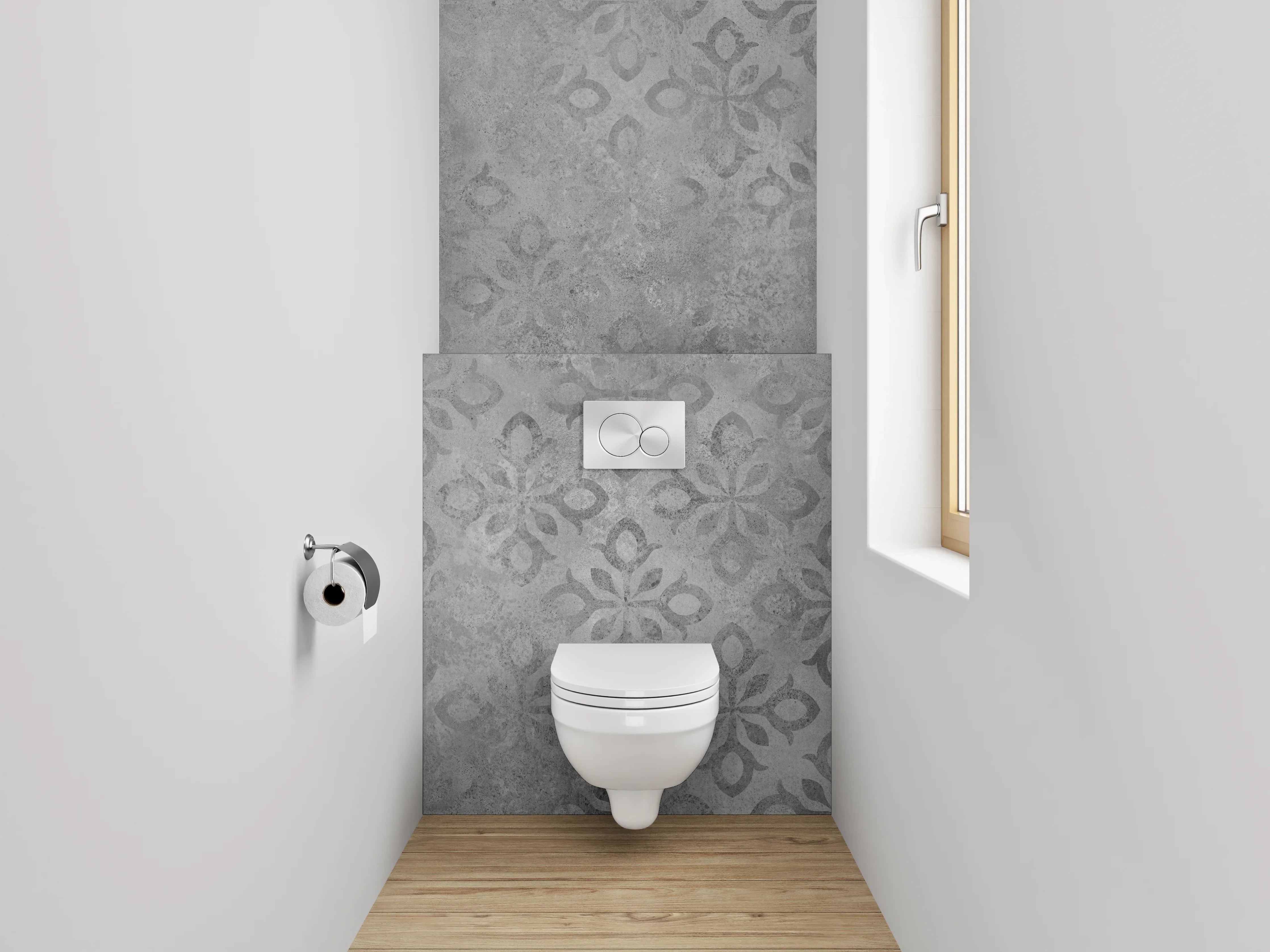 WC-Rückwand - Vintage Tapetenmuster Grau-Weiß Modern