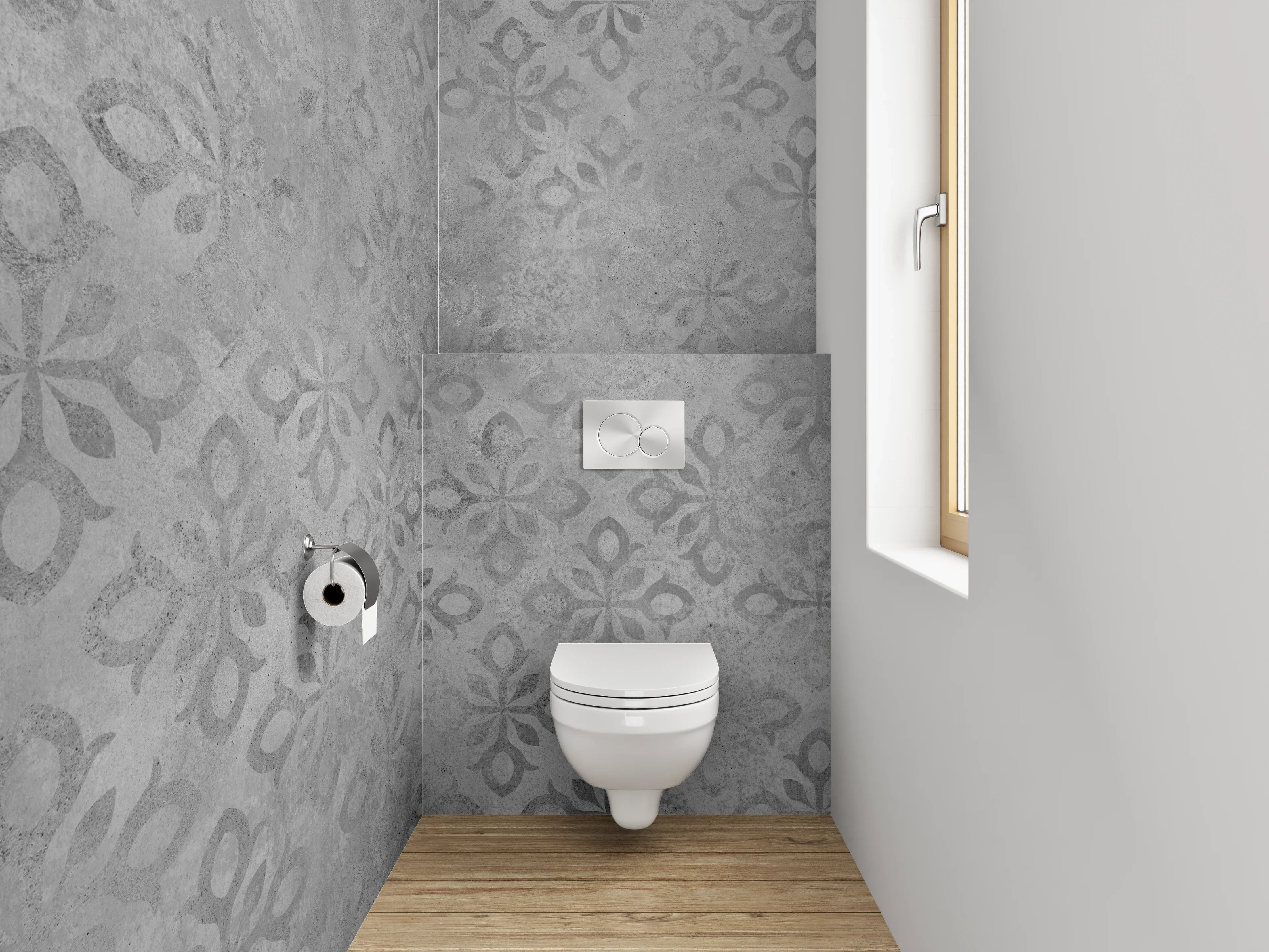 WC-Rückwand - Vintage Tapetenmuster Grau-Weiß Modern