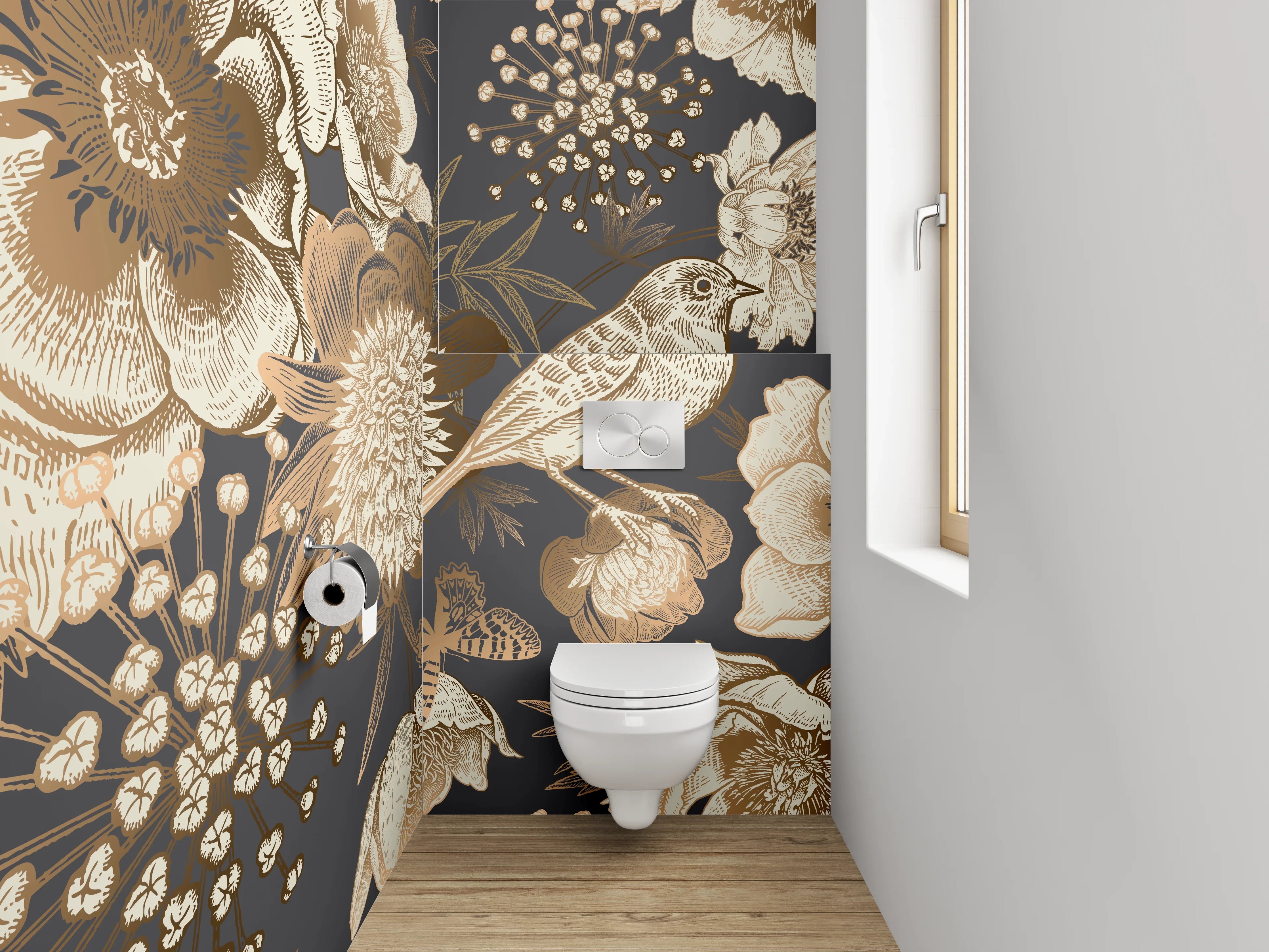 WC-Rückwand - Vintage Vogel Blumen Illustration Tapete