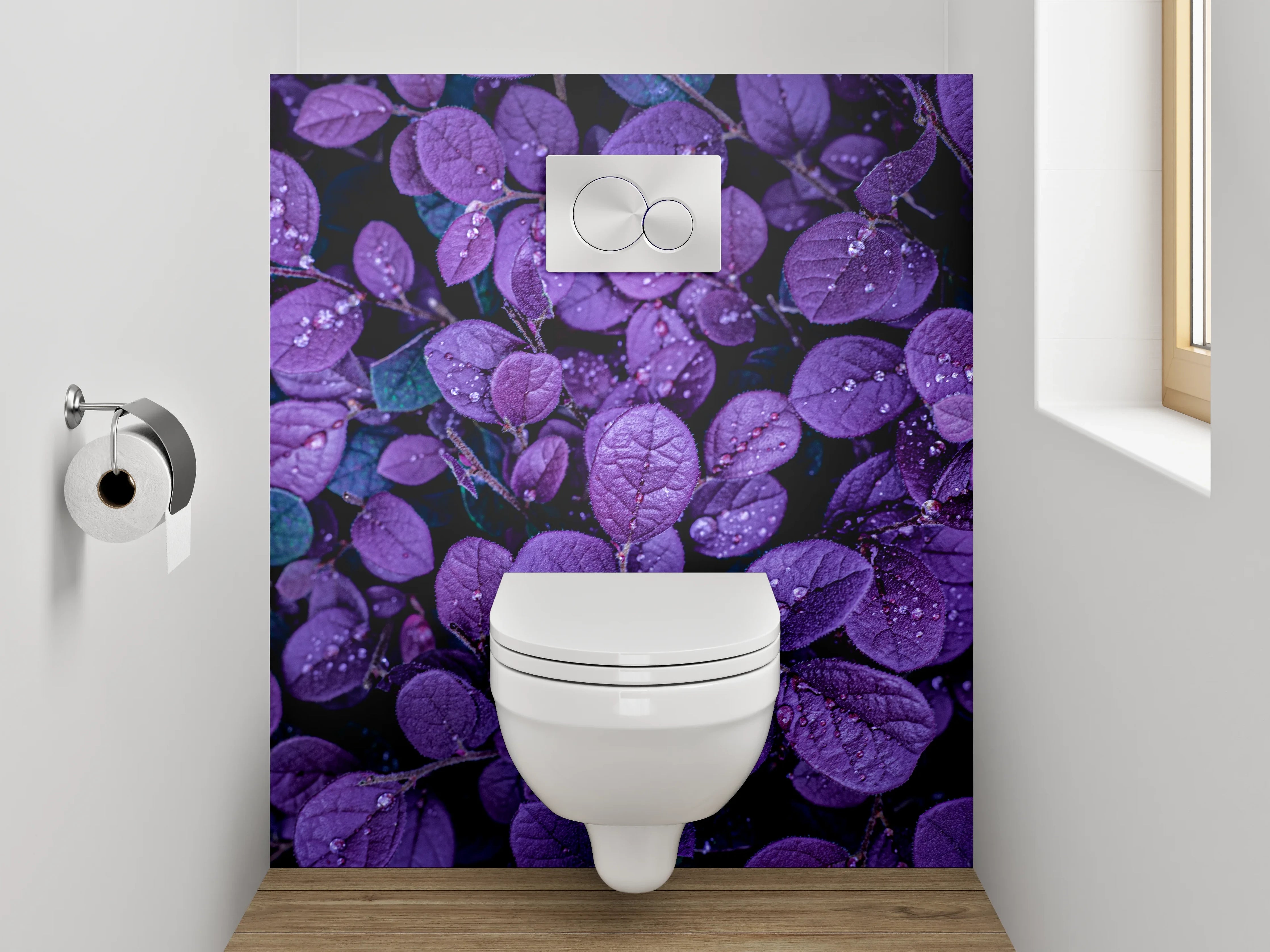 WC-Rückwand - Violette Blätter mit Wassertropfen