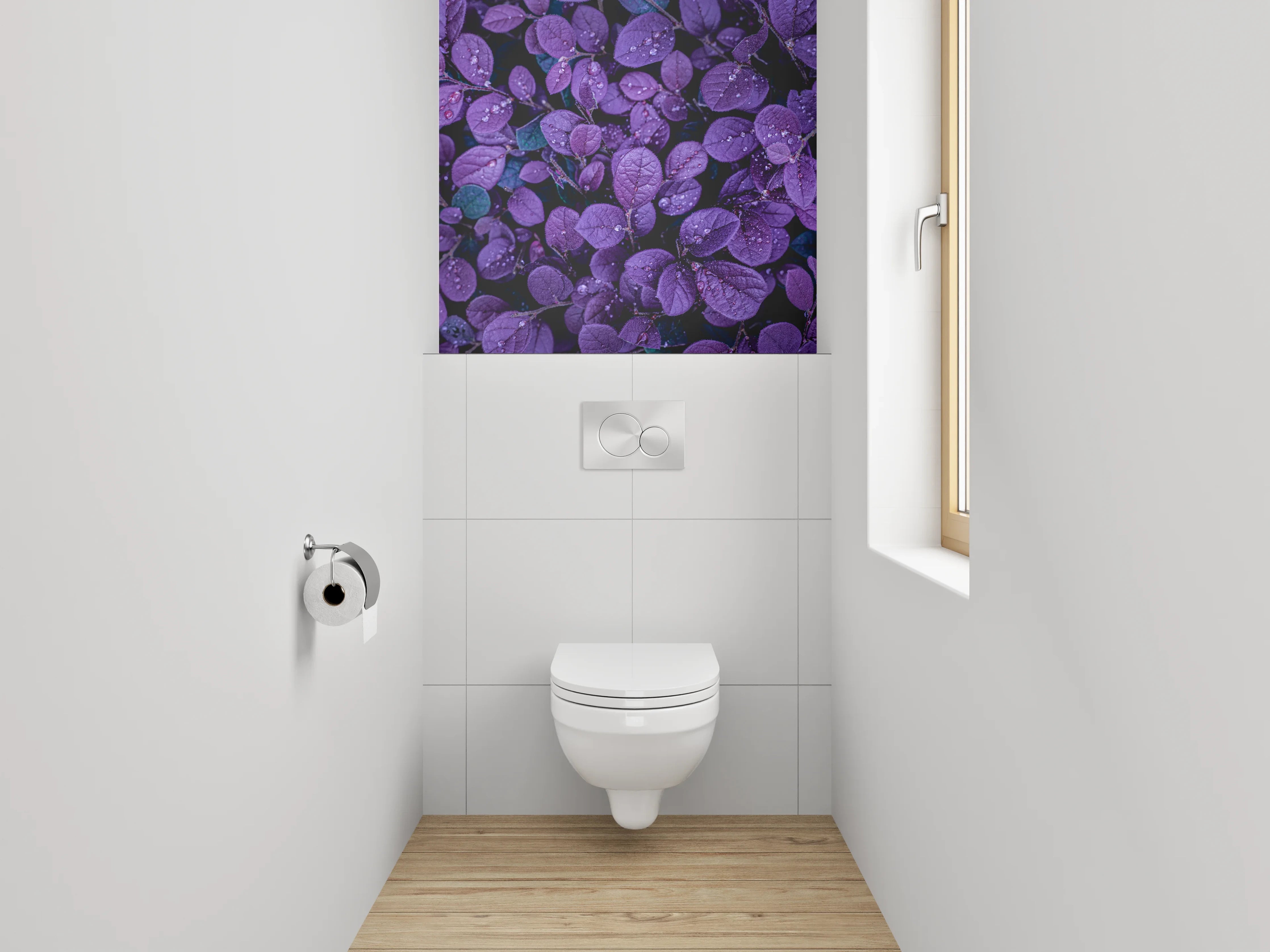 WC-Rückwand - Violette Blätter mit Wassertropfen
