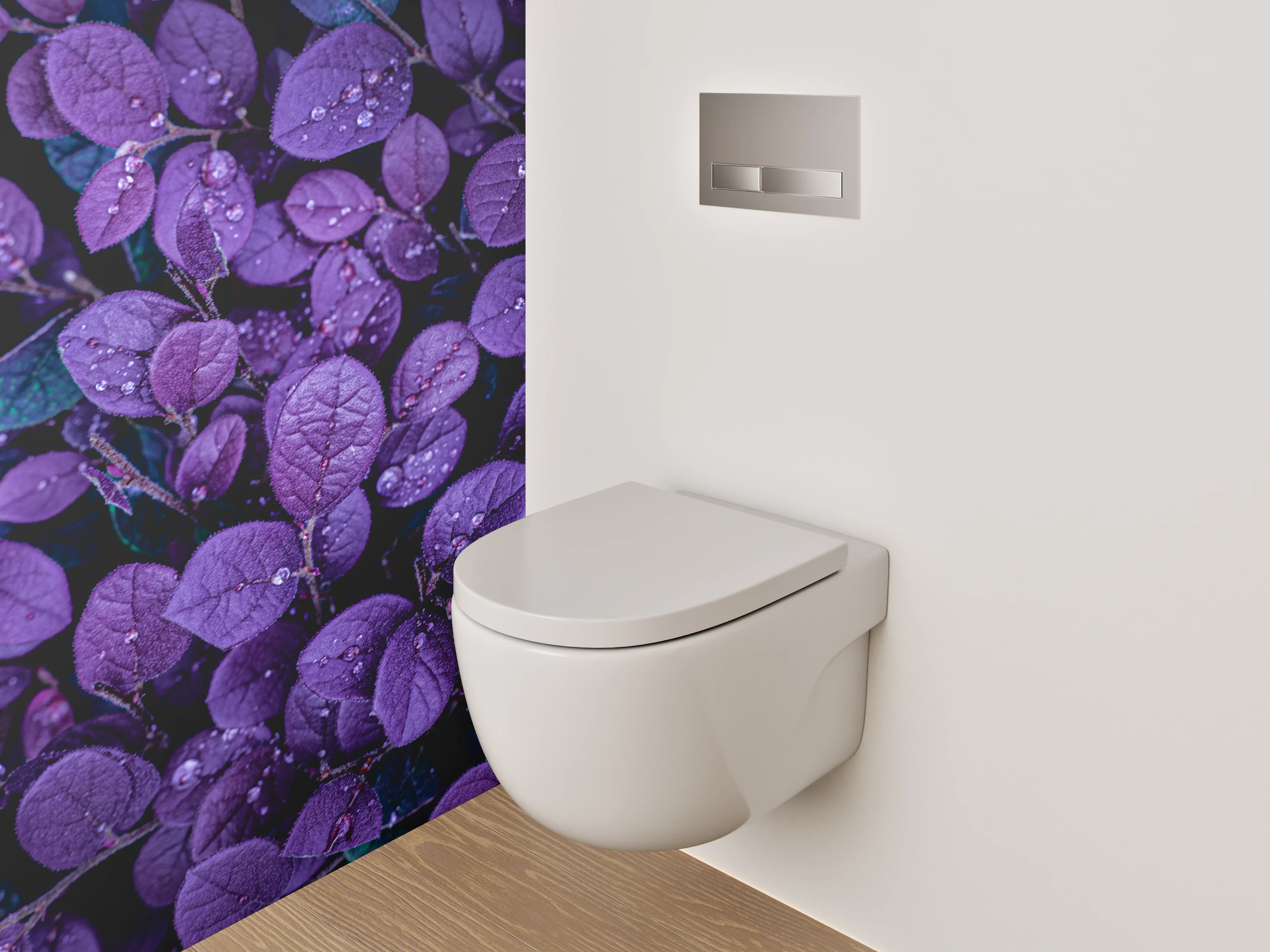 WC-Rückwand - Violette Blätter mit Wassertropfen