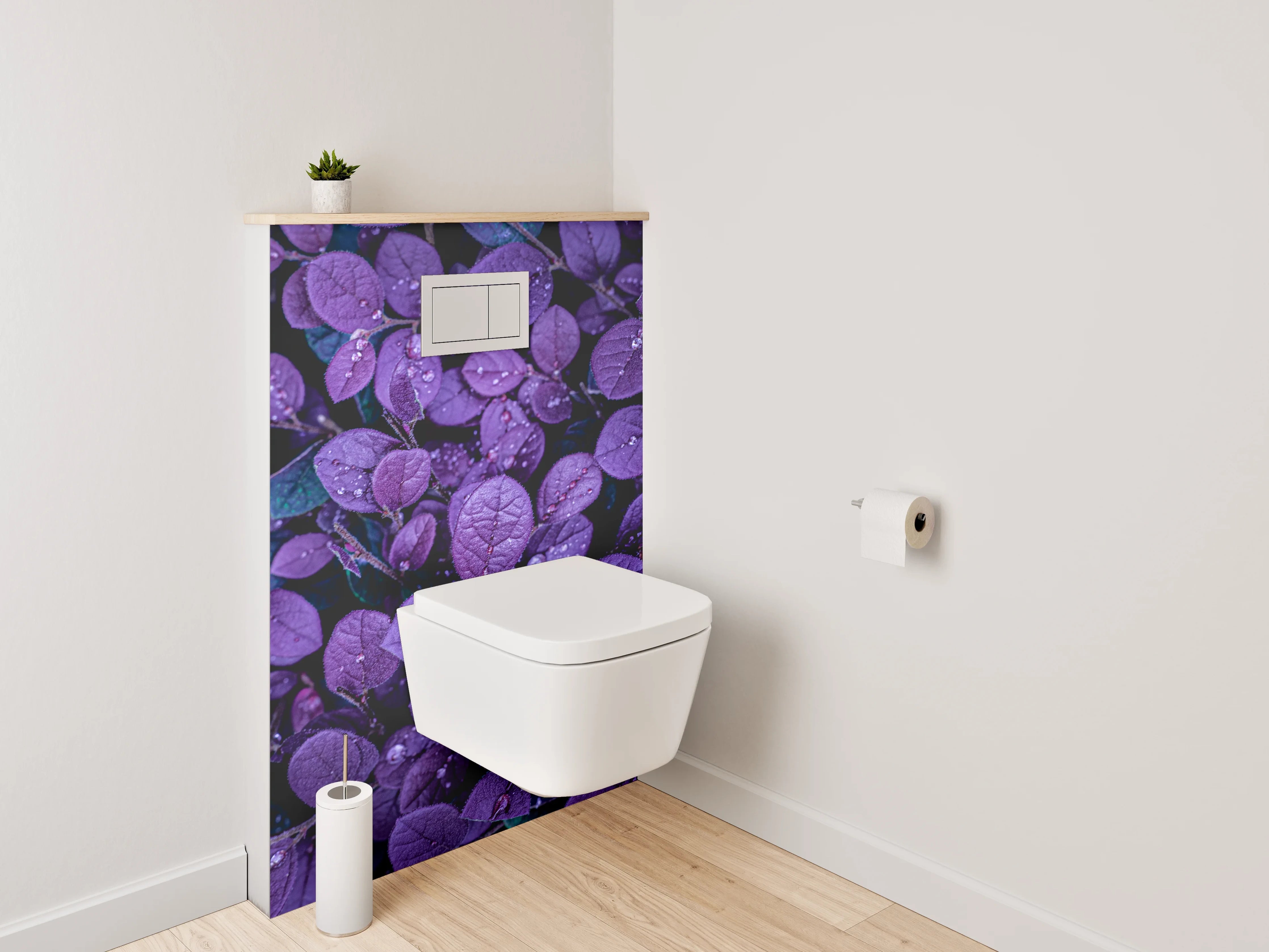 WC-Rückwand - Violette Blätter mit Wassertropfen