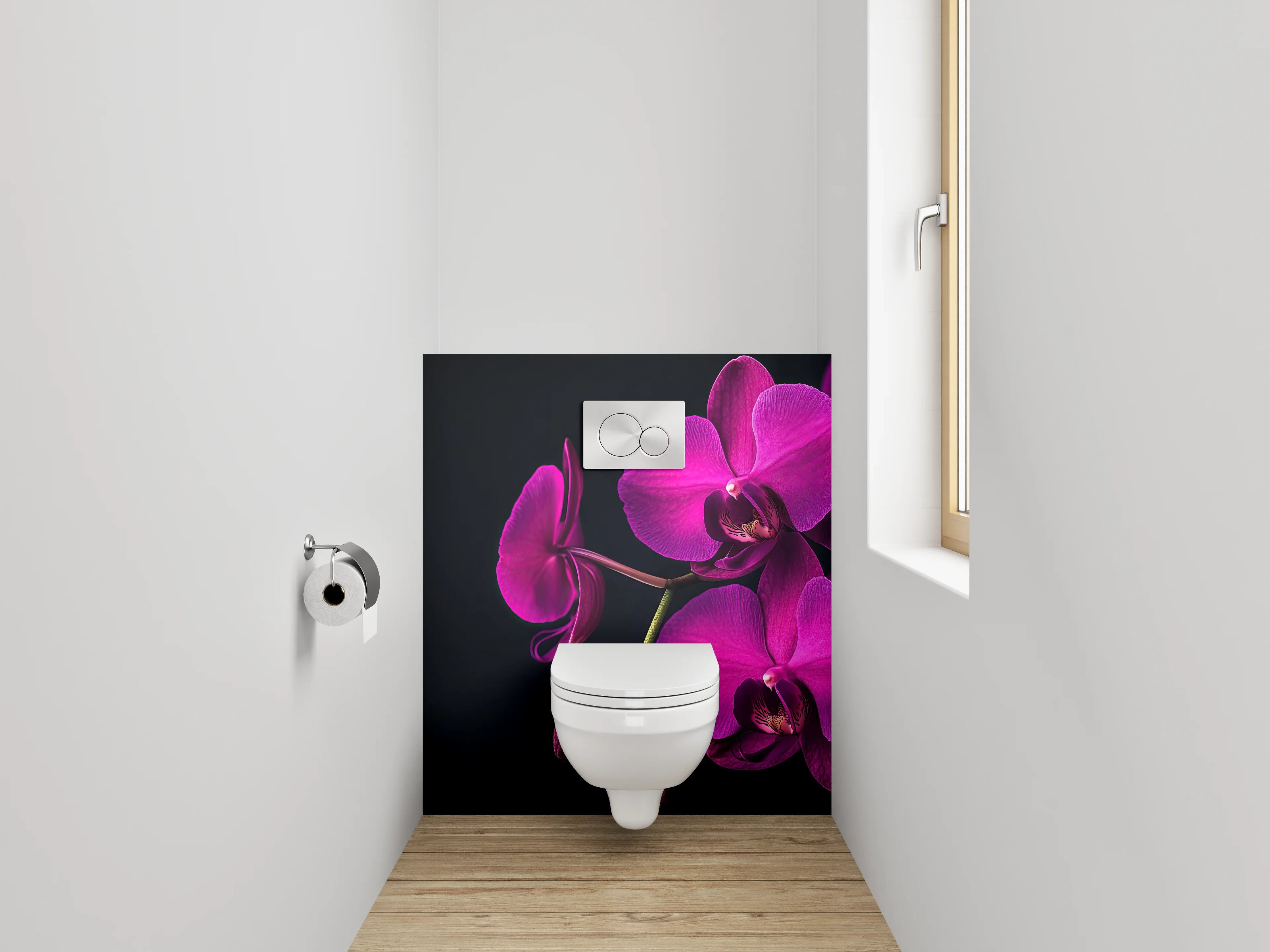 WC-Rückwand - Violette Orchidee auf schwarzem Hintergrund