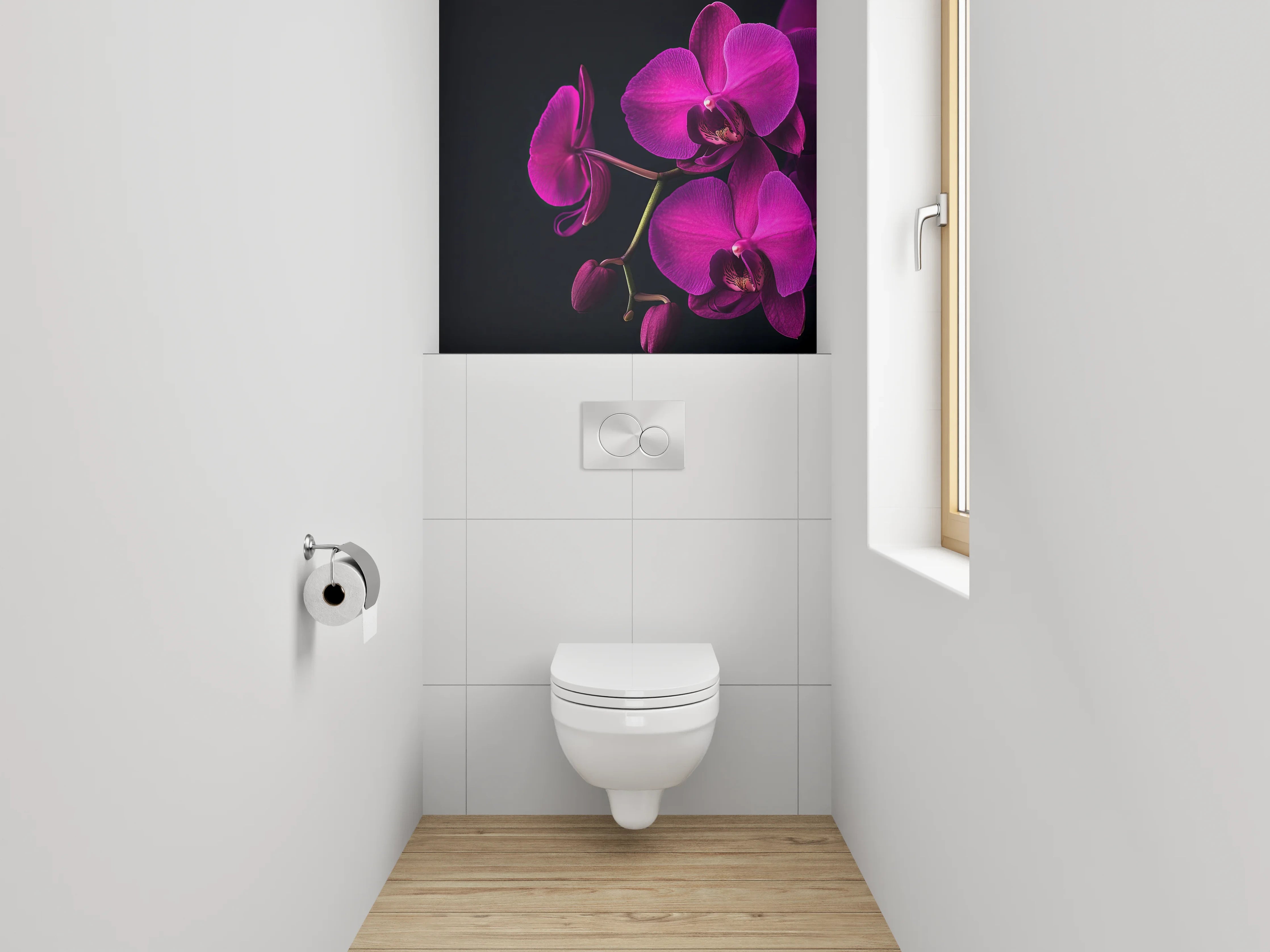 WC-Rückwand - Violette Orchidee auf schwarzem Hintergrund