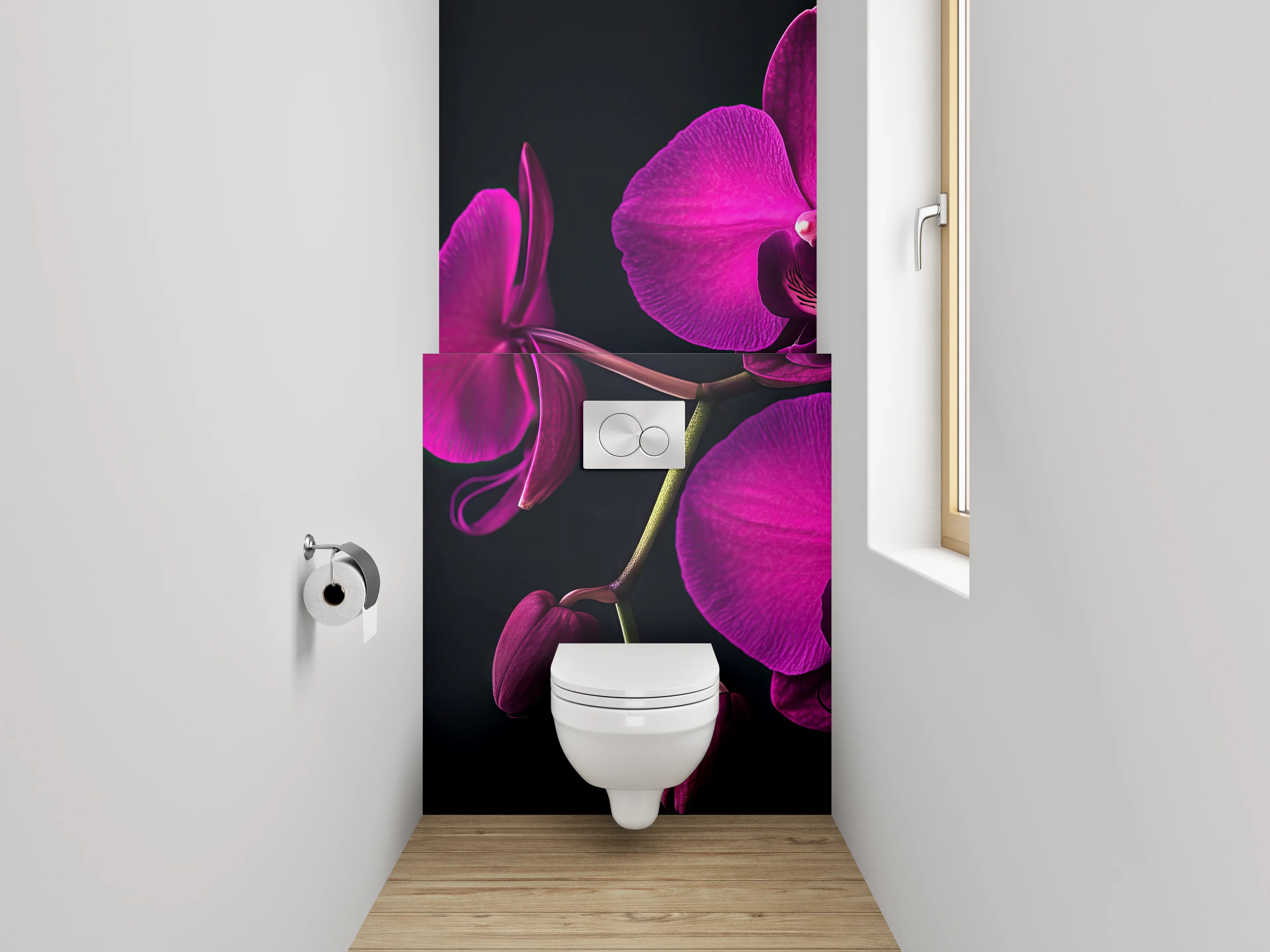 WC-Rückwand - Violette Orchidee auf schwarzem Hintergrund