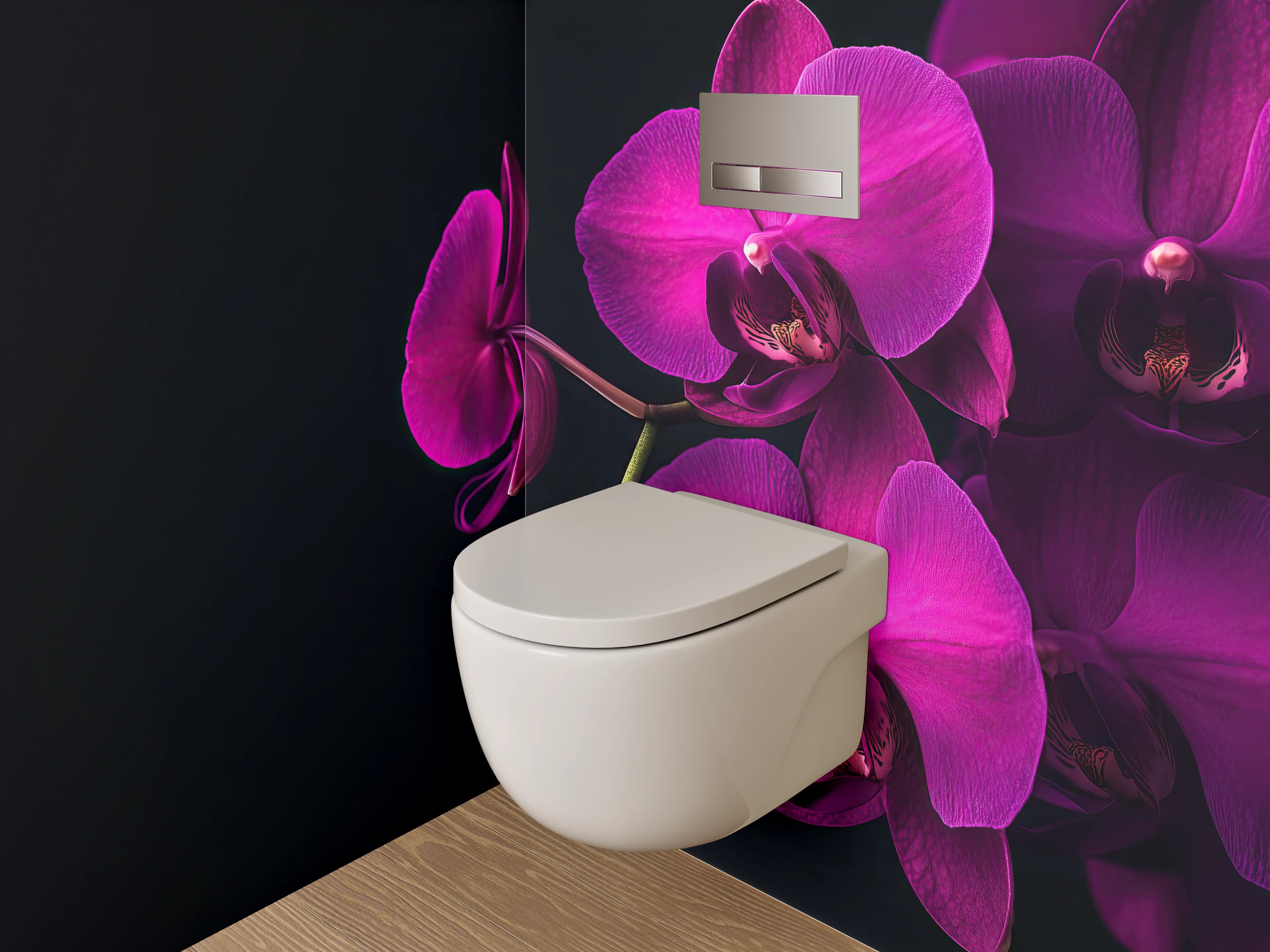 WC-Rückwand - Violette Orchidee auf schwarzem Hintergrund