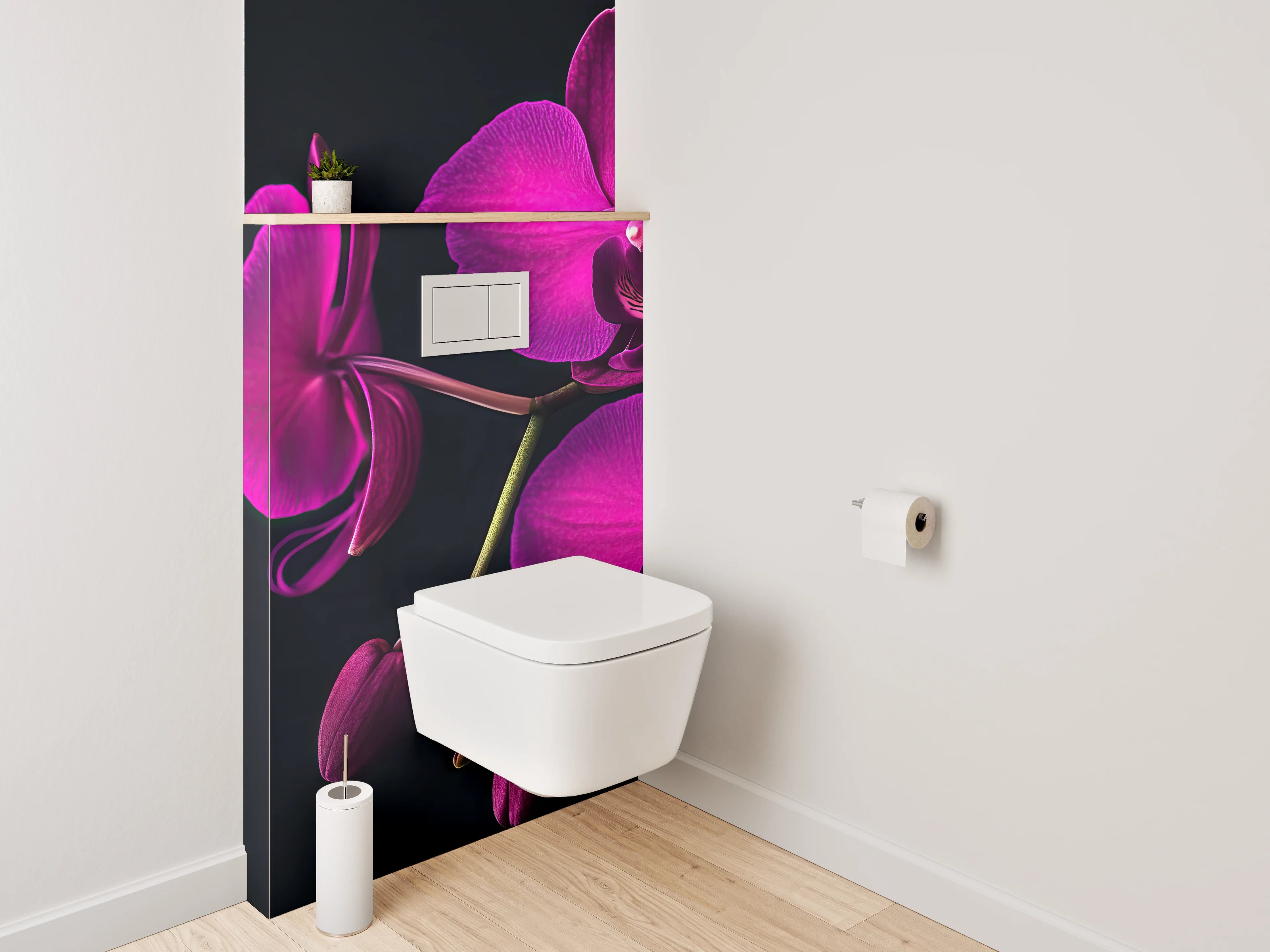 WC-Rückwand - Violette Orchidee auf schwarzem Hintergrund