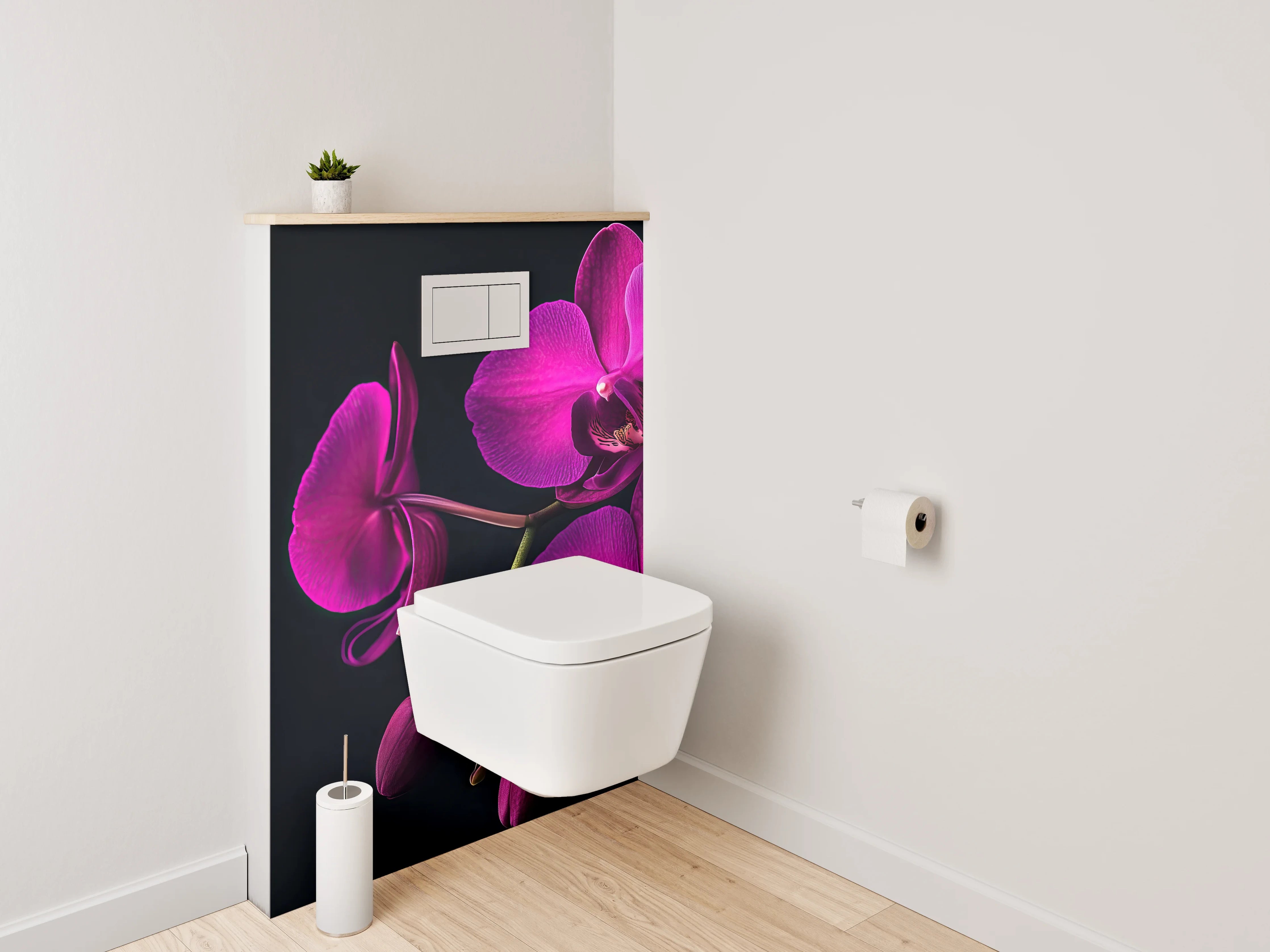WC-Rückwand - Violette Orchidee auf schwarzem Hintergrund