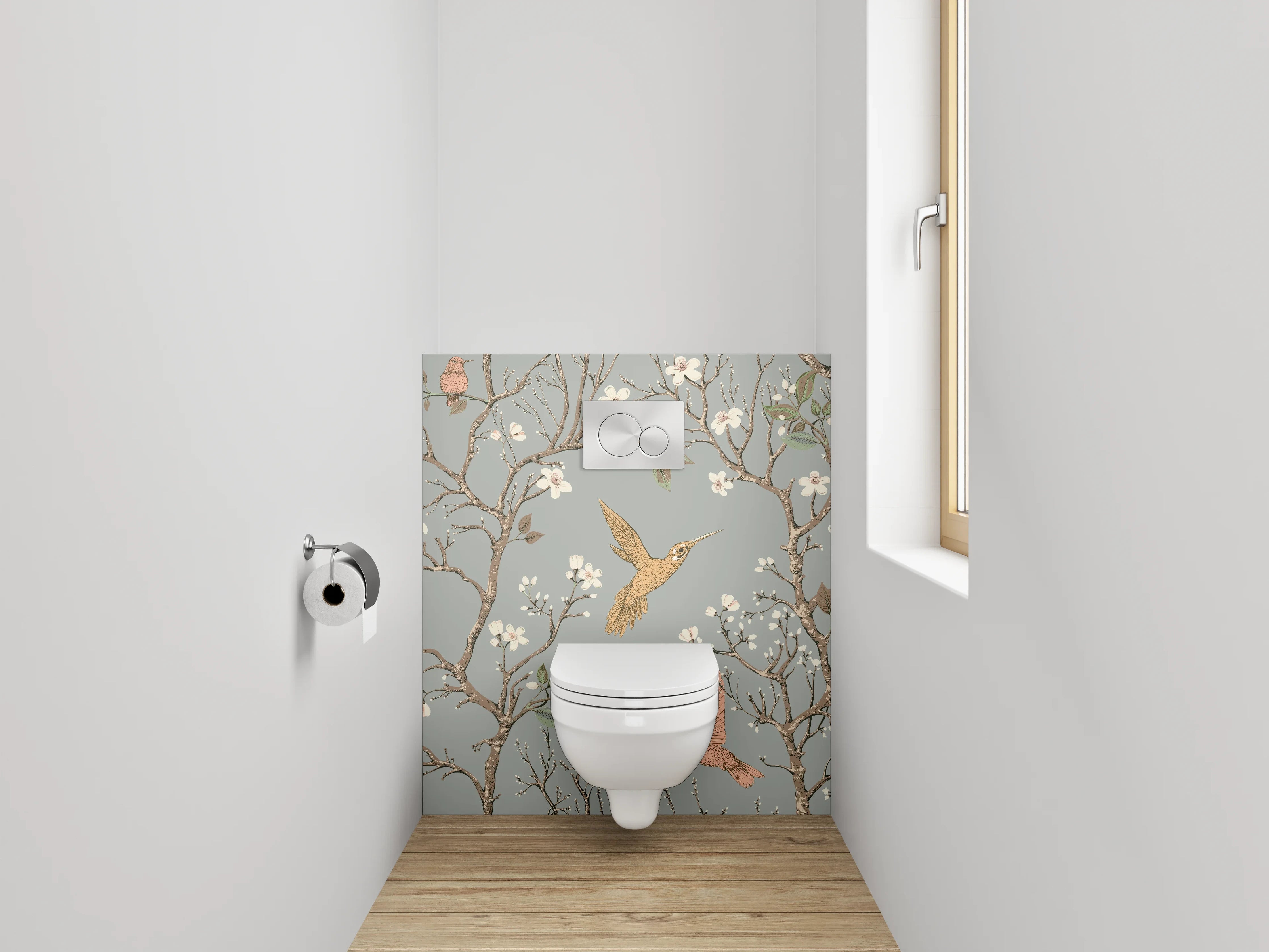 WC-Rückwand - Vögel und Blüten Zweig Illustration