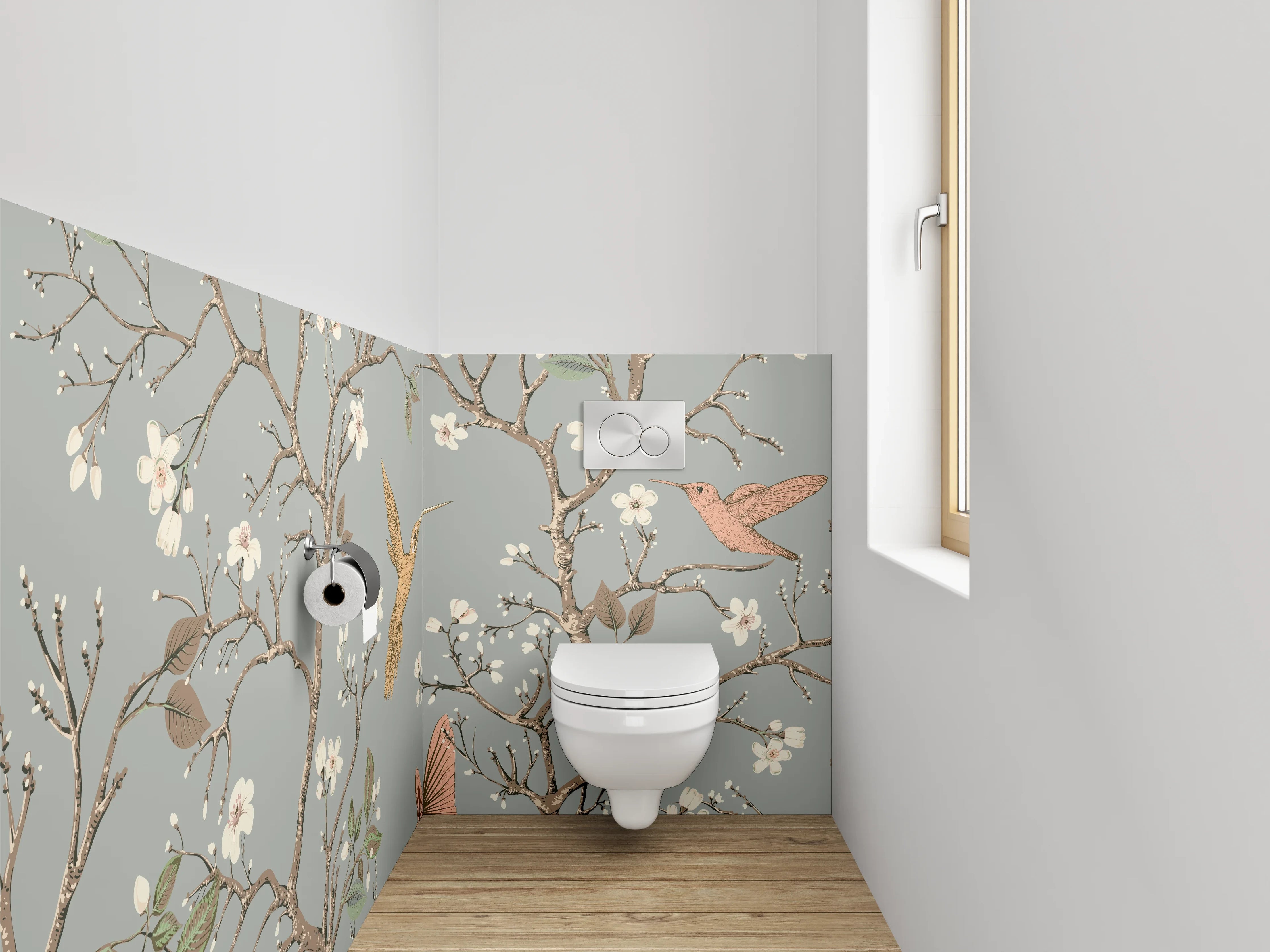 WC-Rückwand - Vögel und Blüten Zweig Illustration