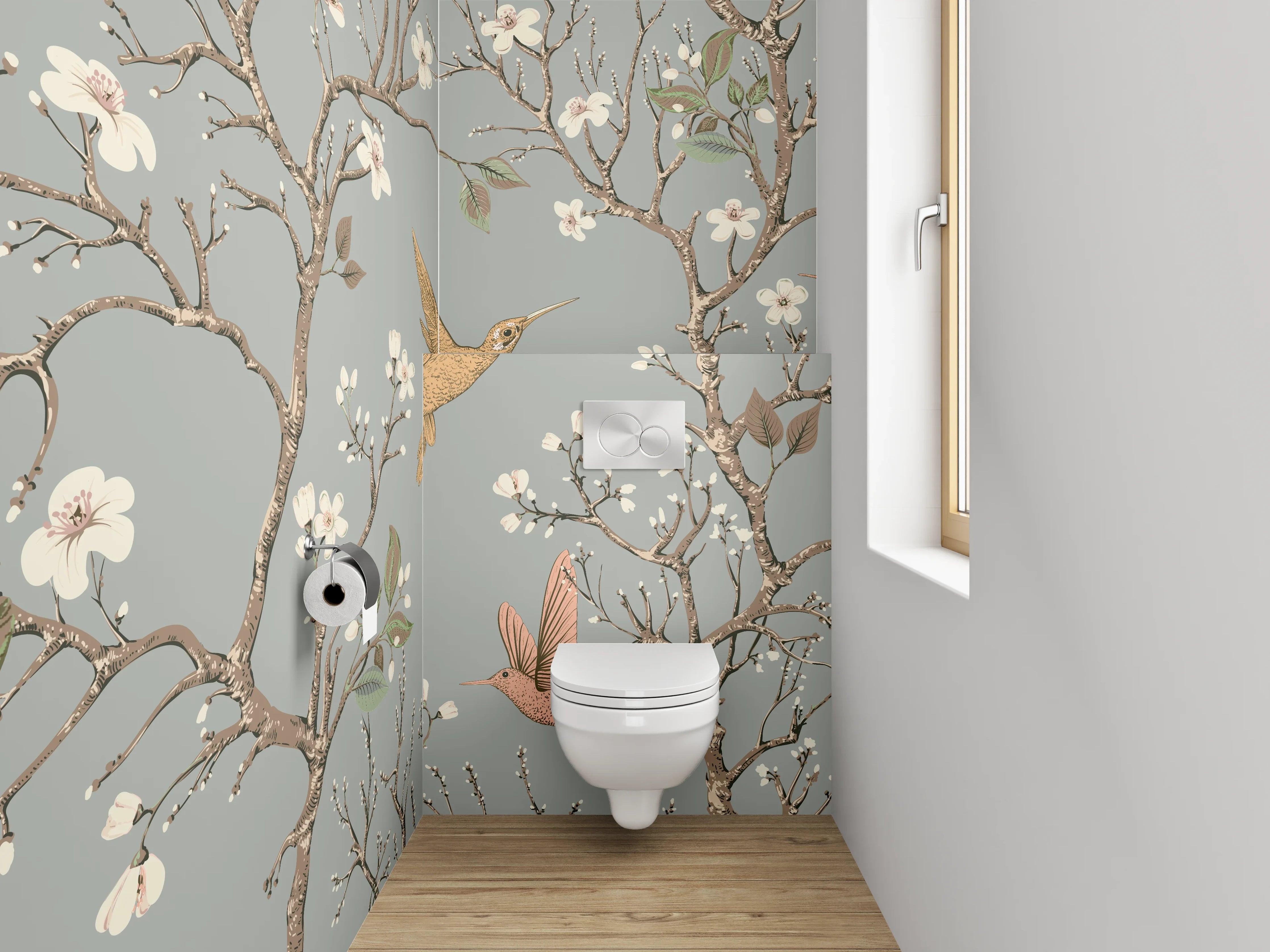 WC-Rückwand - Vögel und Blüten Zweig Illustration