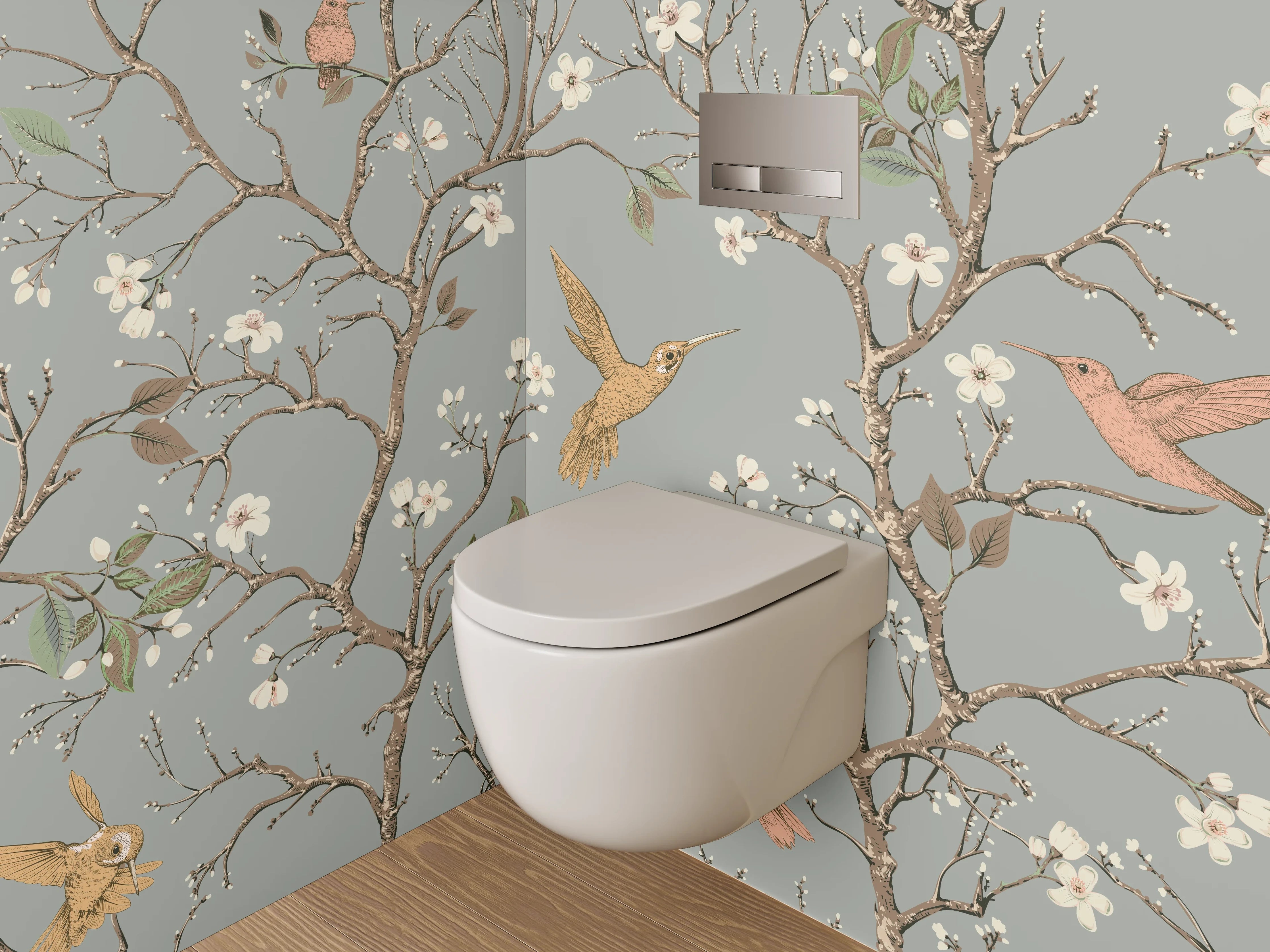 WC-Rückwand - Vögel und Blüten Zweig Illustration