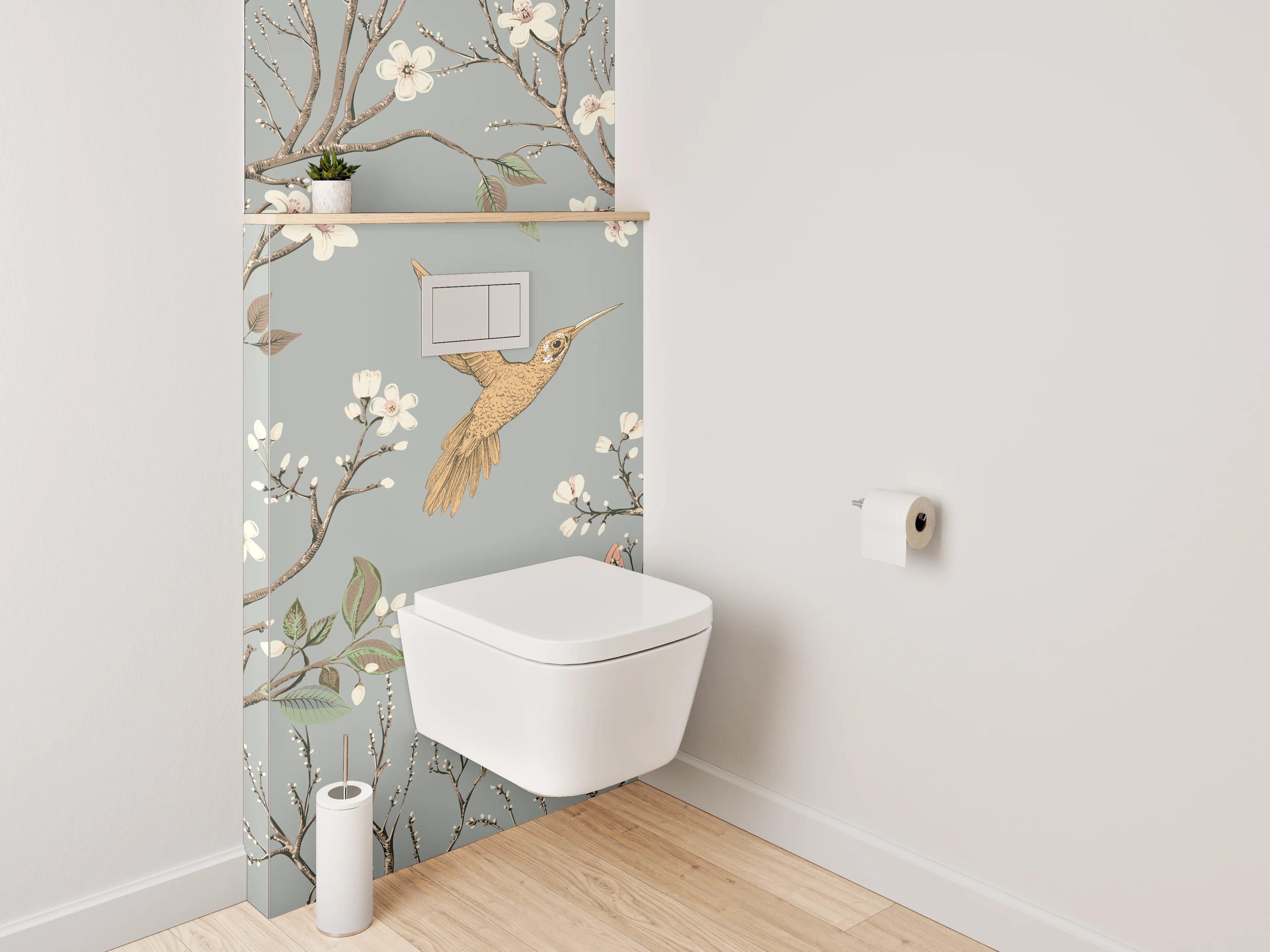 WC-Rückwand - Vögel und Blüten Zweig Illustration