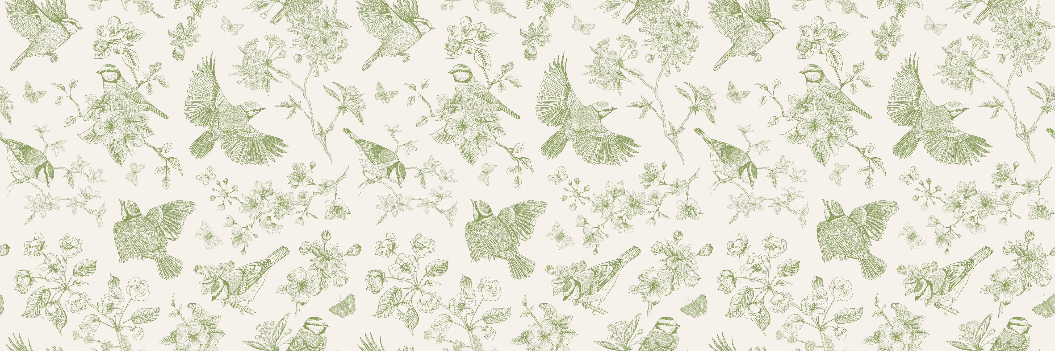 WC-Rückwand-Vögel und Blüten grüne Illustration