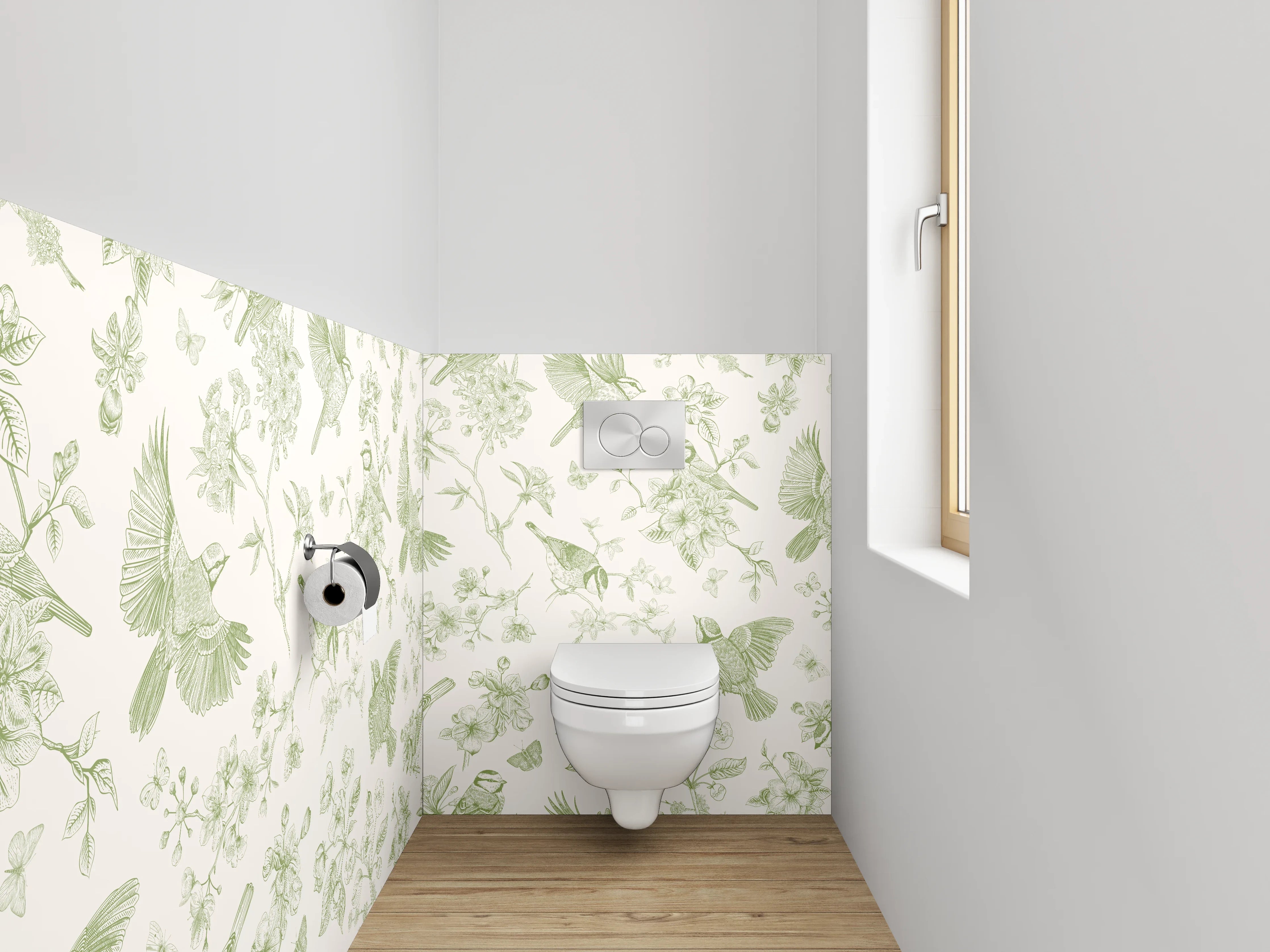 WC-Rückwand - Vögel und Blüten grüne Illustration