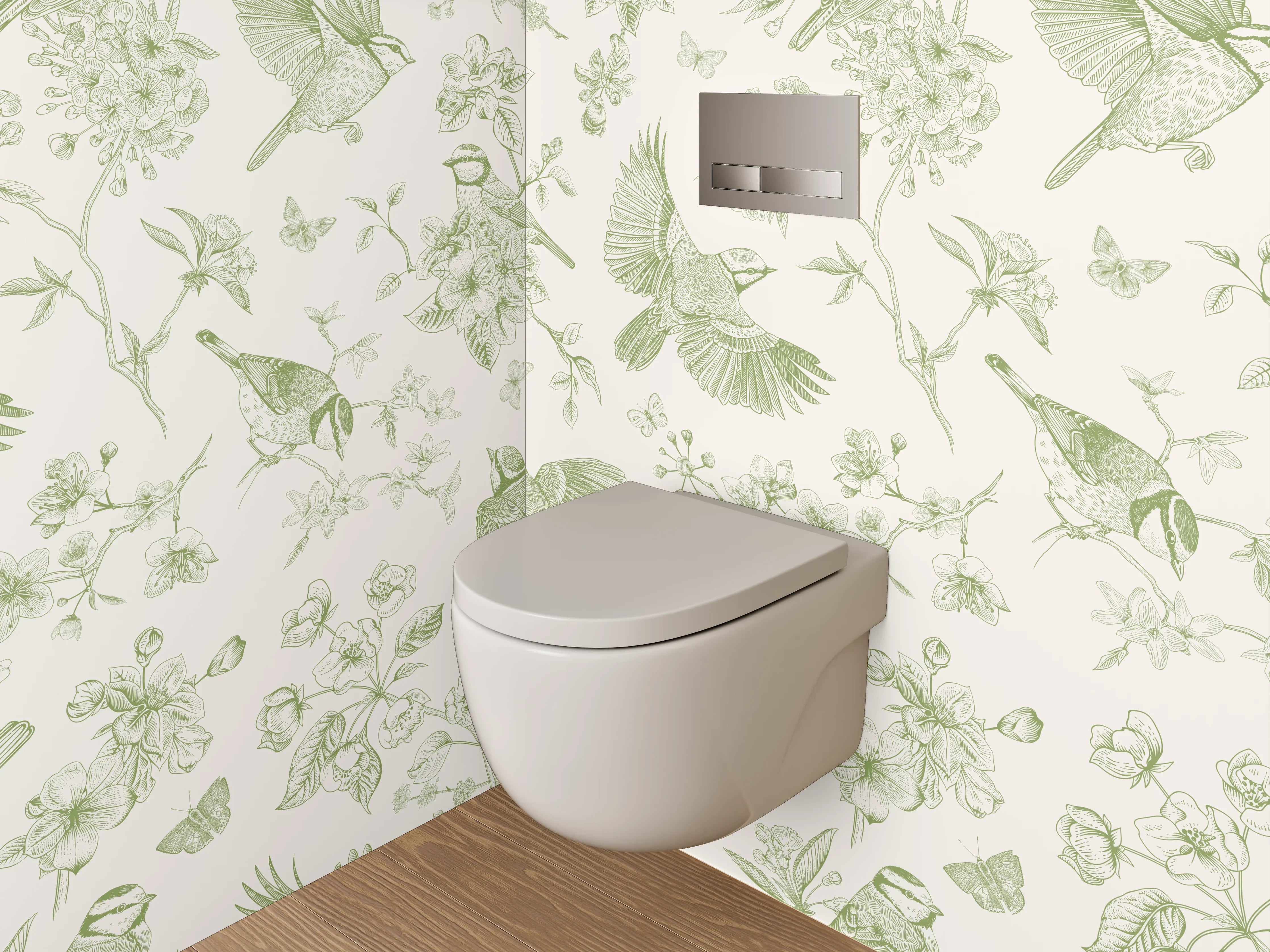 WC-Rückwand - Vögel und Blüten grüne Illustration