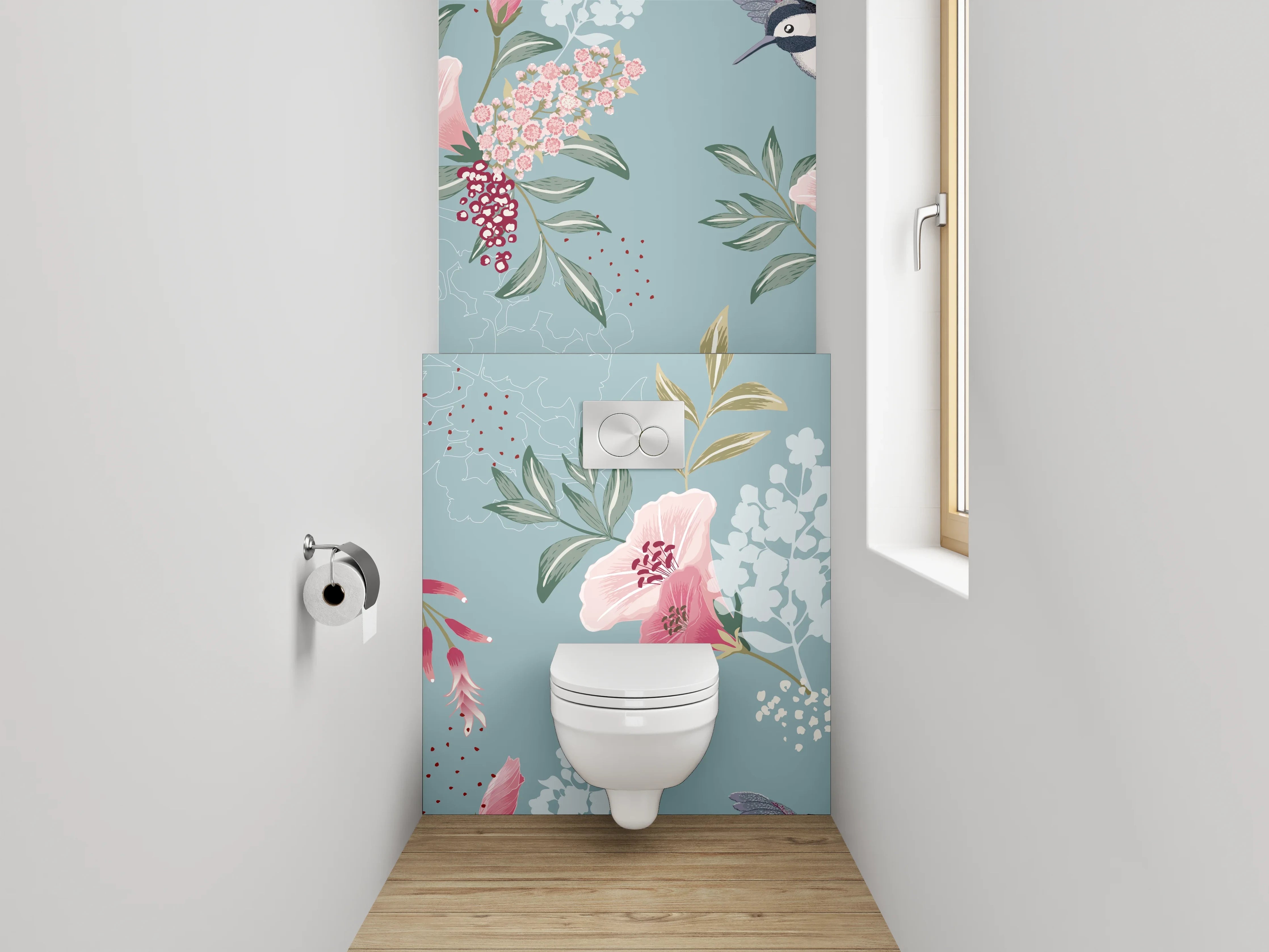 WC-Rückwand - Vögel und Blumen Aquarellmuster