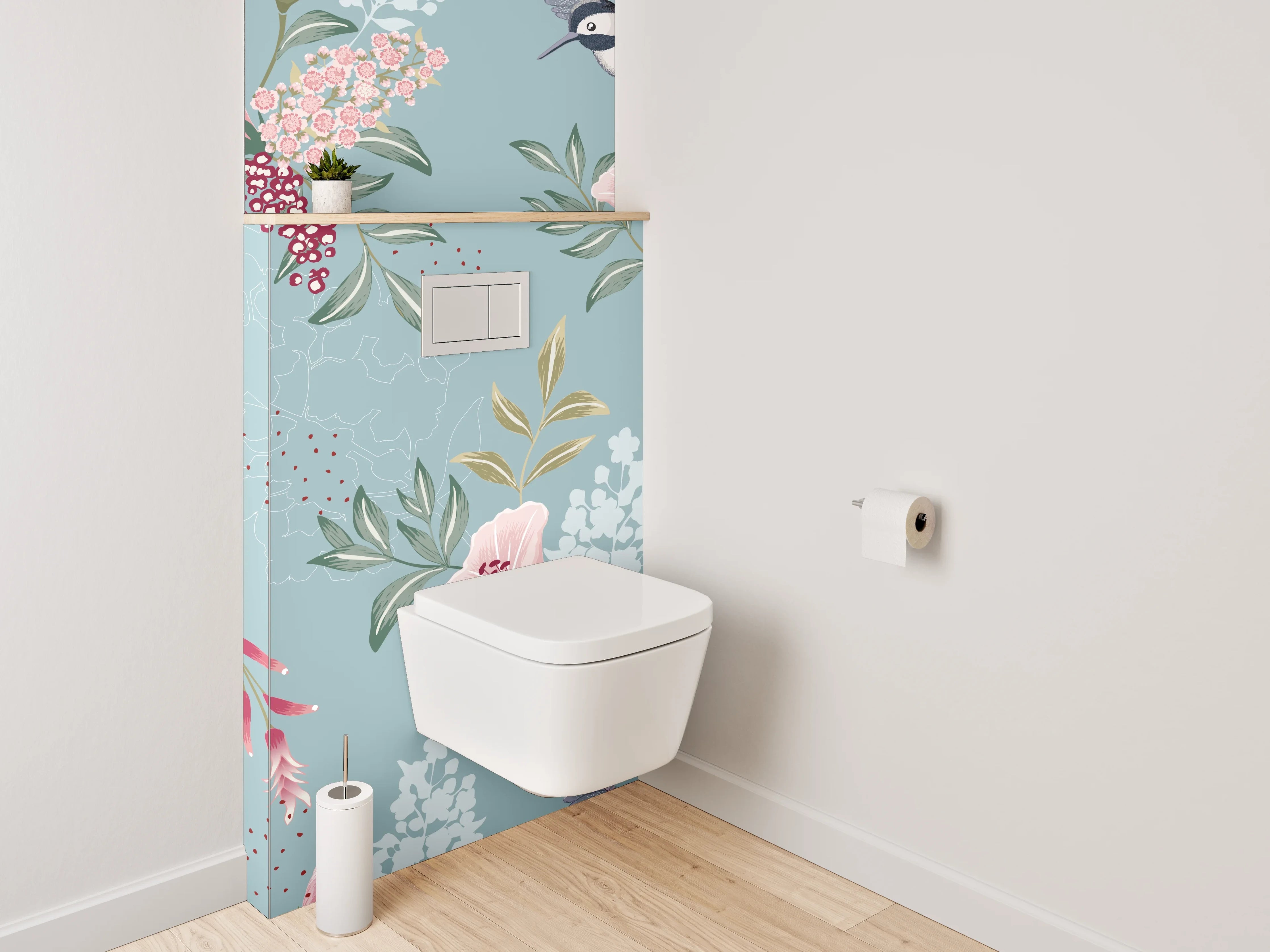 WC-Rückwand - Vögel und Blumen Aquarellmuster