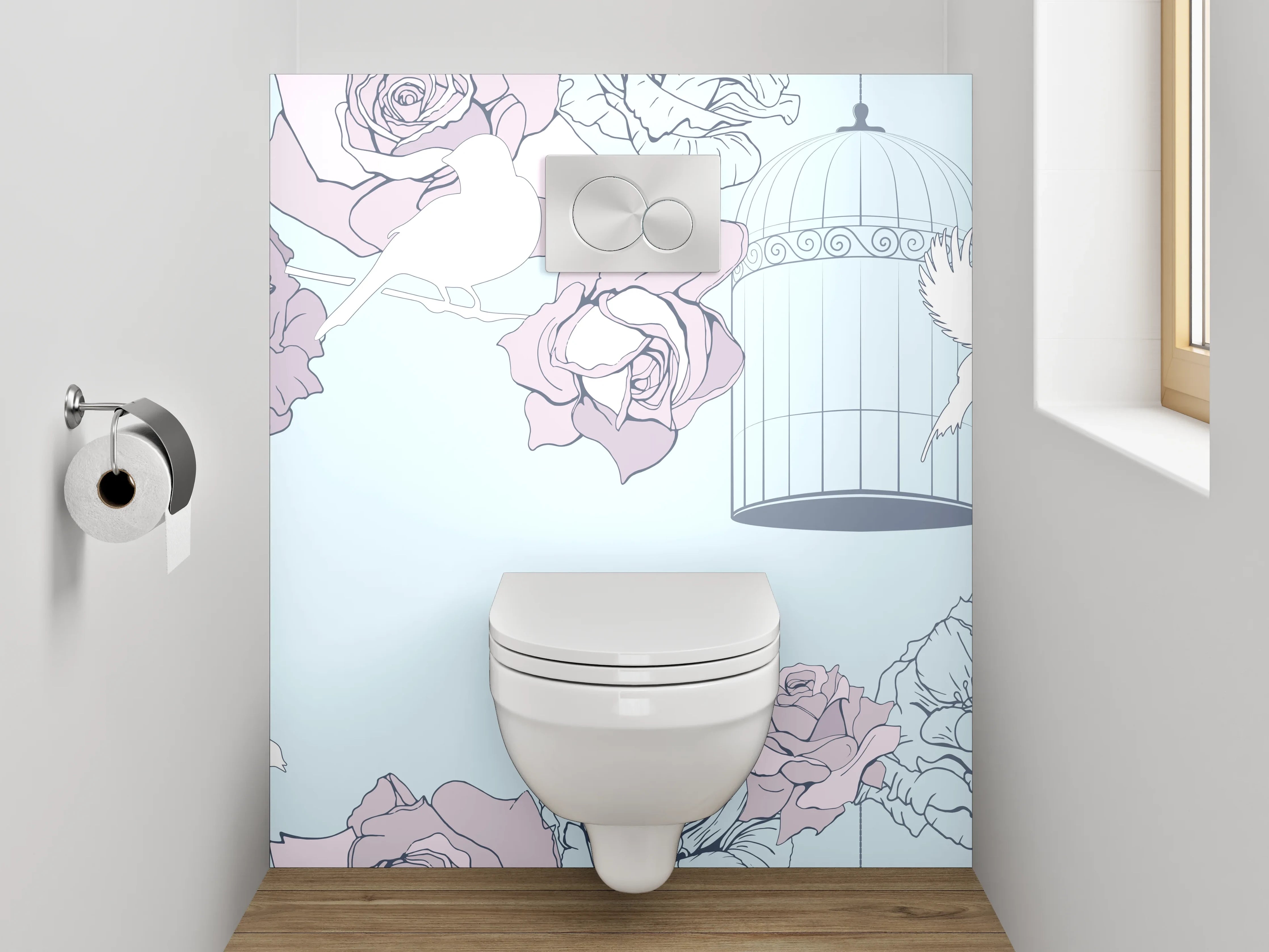 WC-Rückwand - Vögel und Rosen im Pastellkäfig