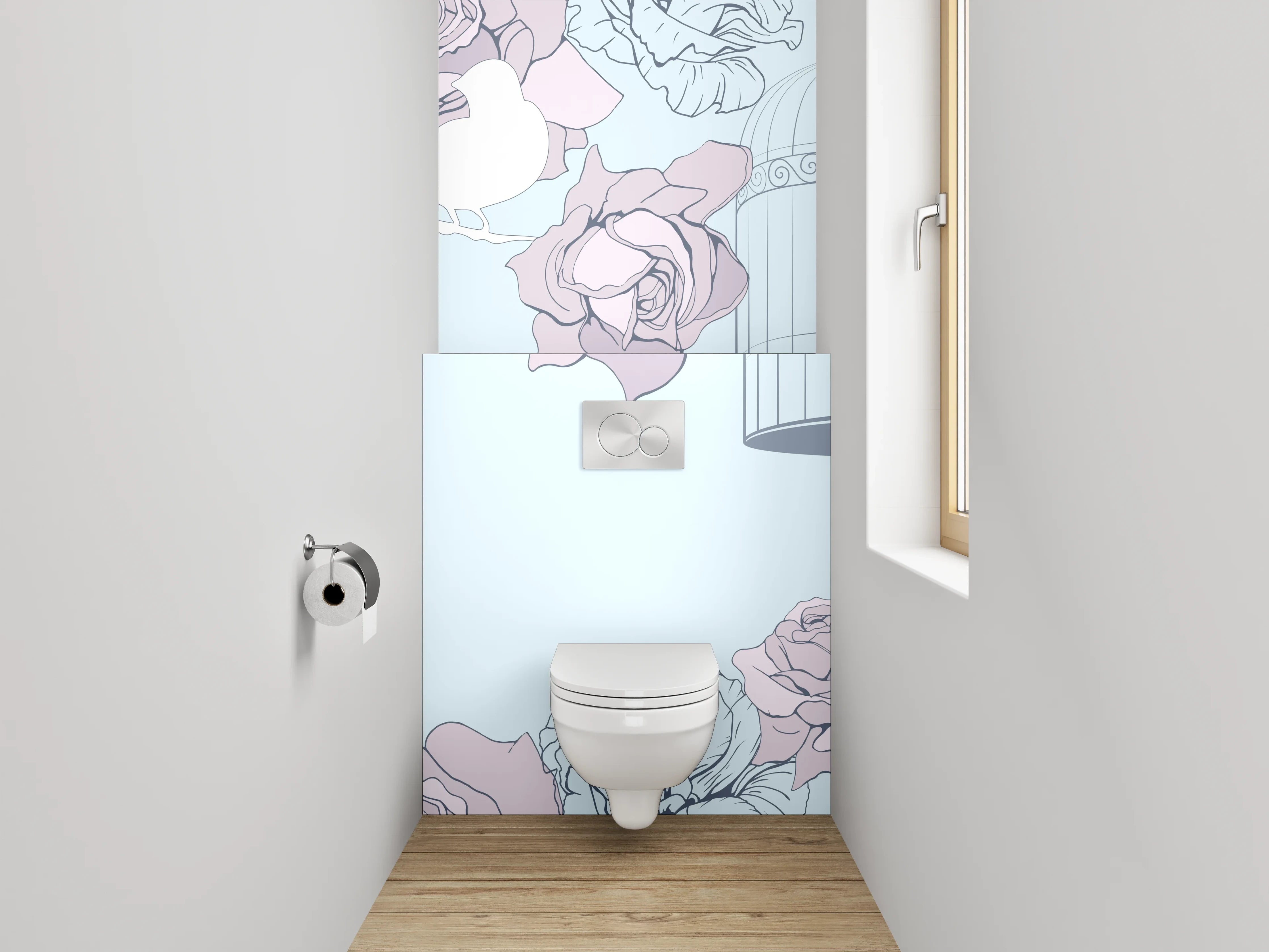 WC-Rückwand - Vögel und Rosen im Pastellkäfig