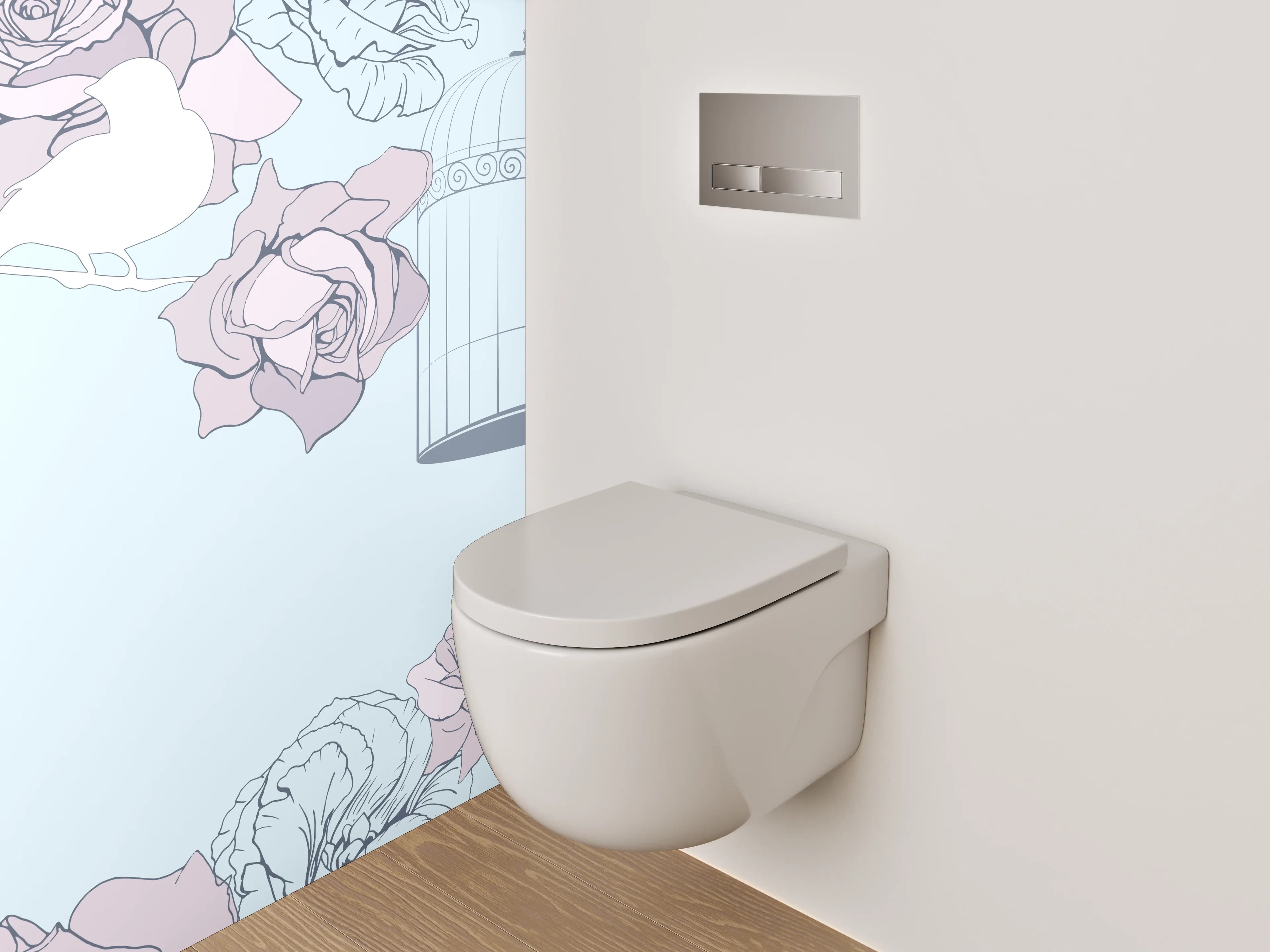 WC-Rückwand - Vögel und Rosen im Pastellkäfig