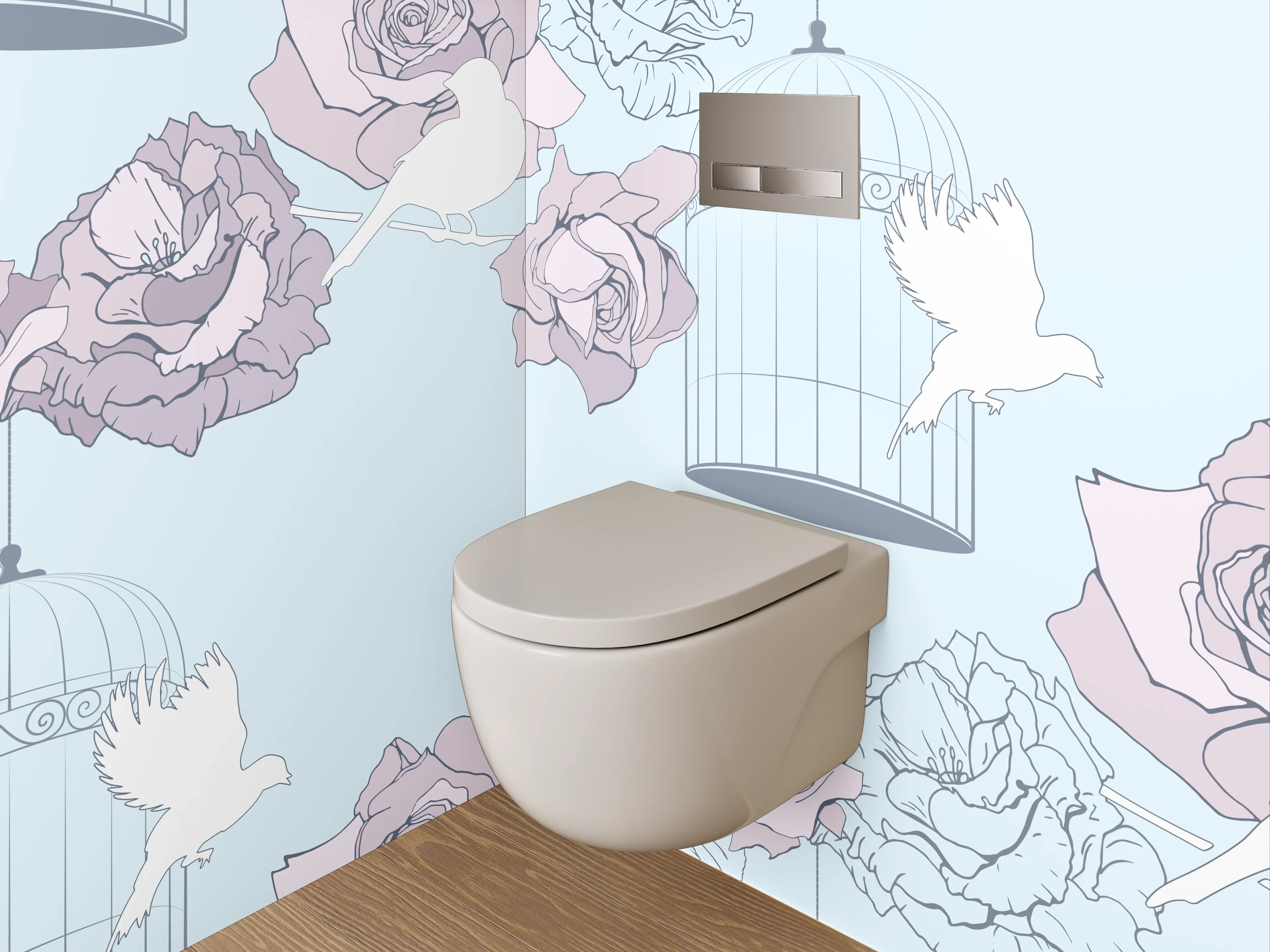 WC-Rückwand - Vögel und Rosen im Pastellkäfig