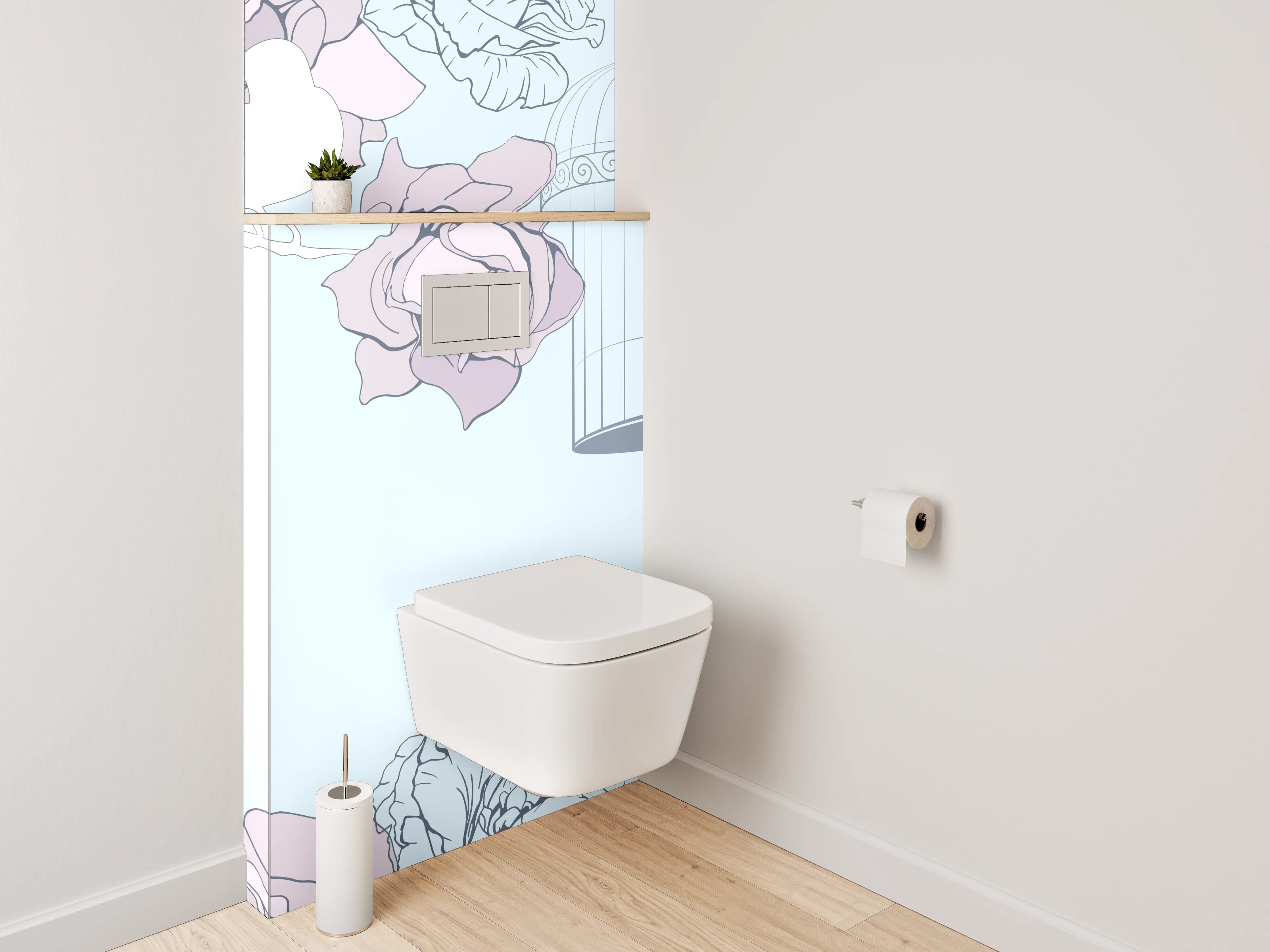 WC-Rückwand - Vögel und Rosen im Pastellkäfig