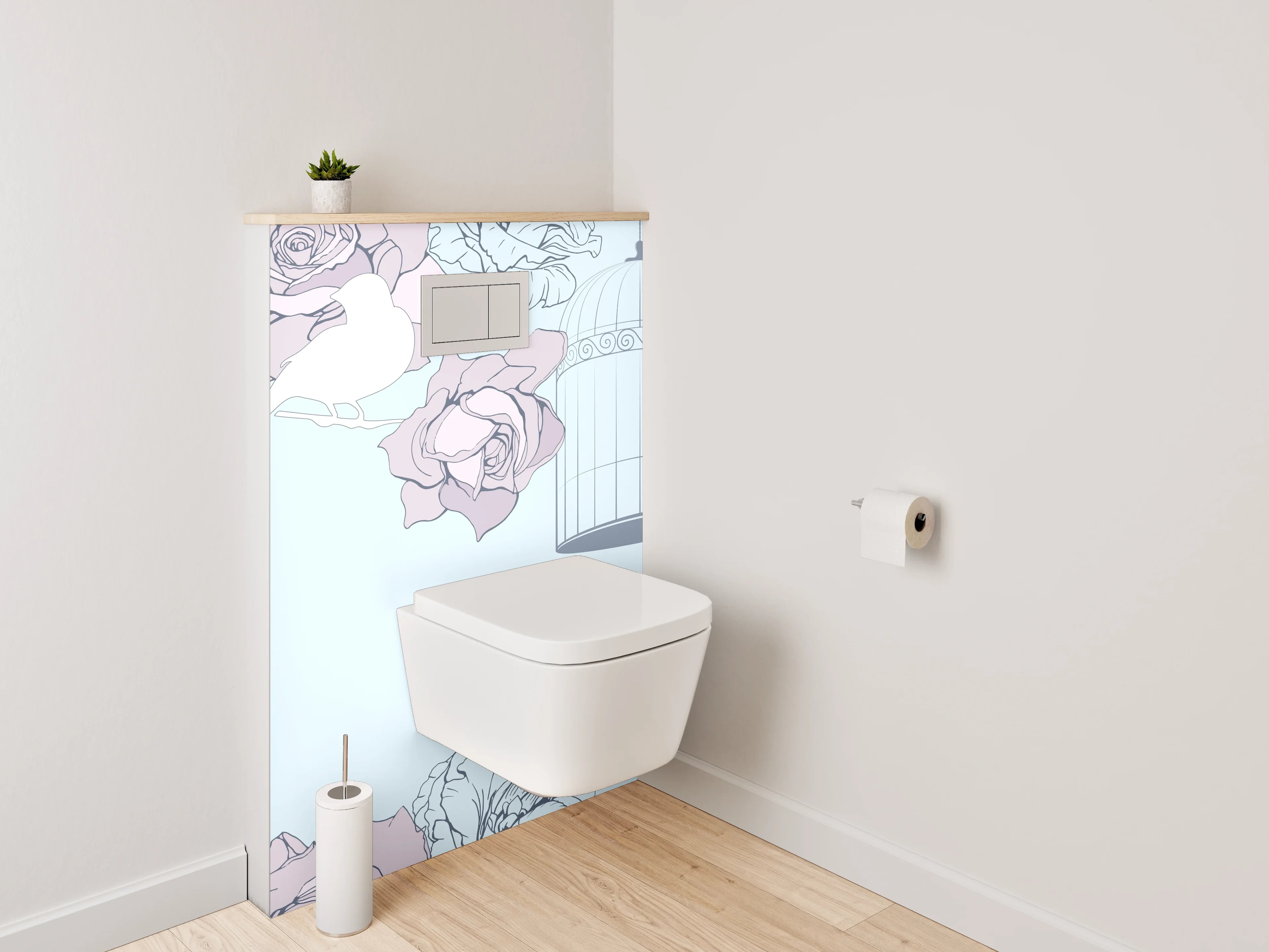WC-Rückwand - Vögel und Rosen im Pastellkäfig