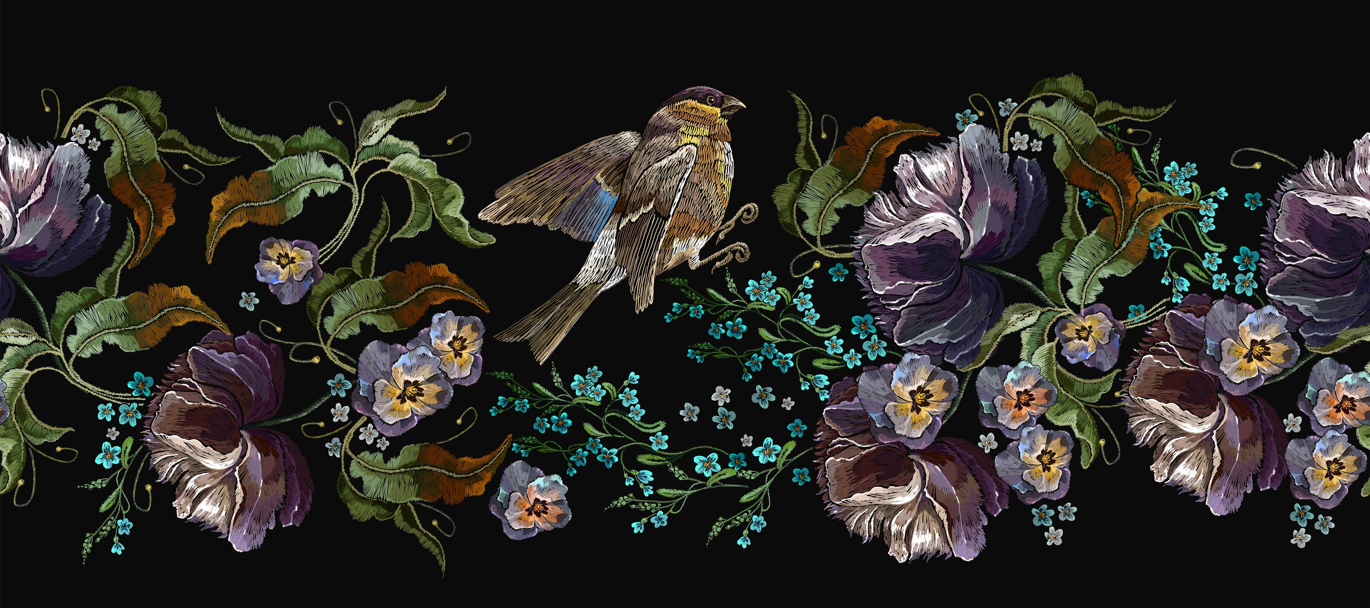 WC-Rückwand-Vogel und Blumen Illustration auf Schwarz