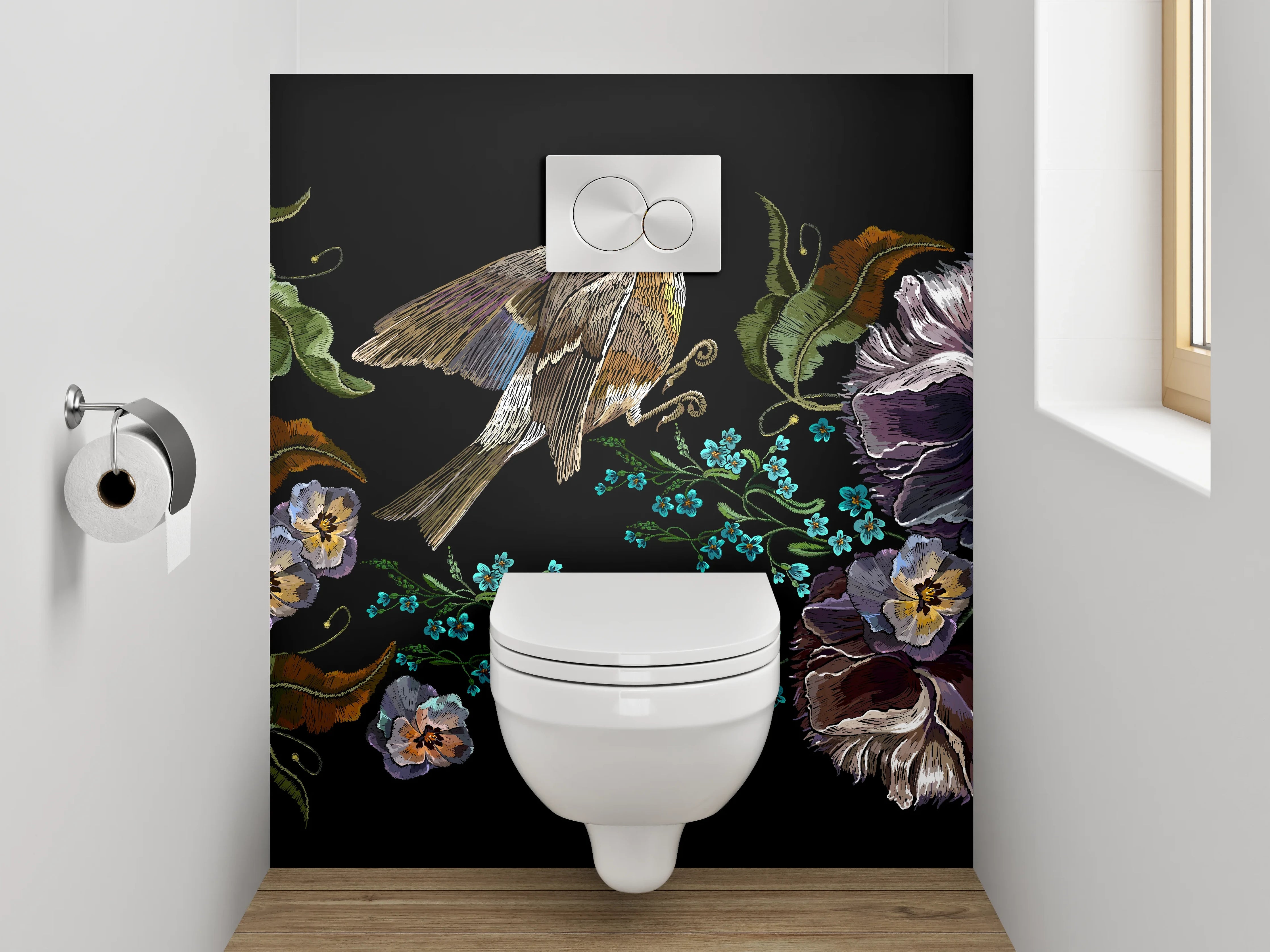 WC-Rückwand - Vogel und Blumen Illustration auf Schwarz