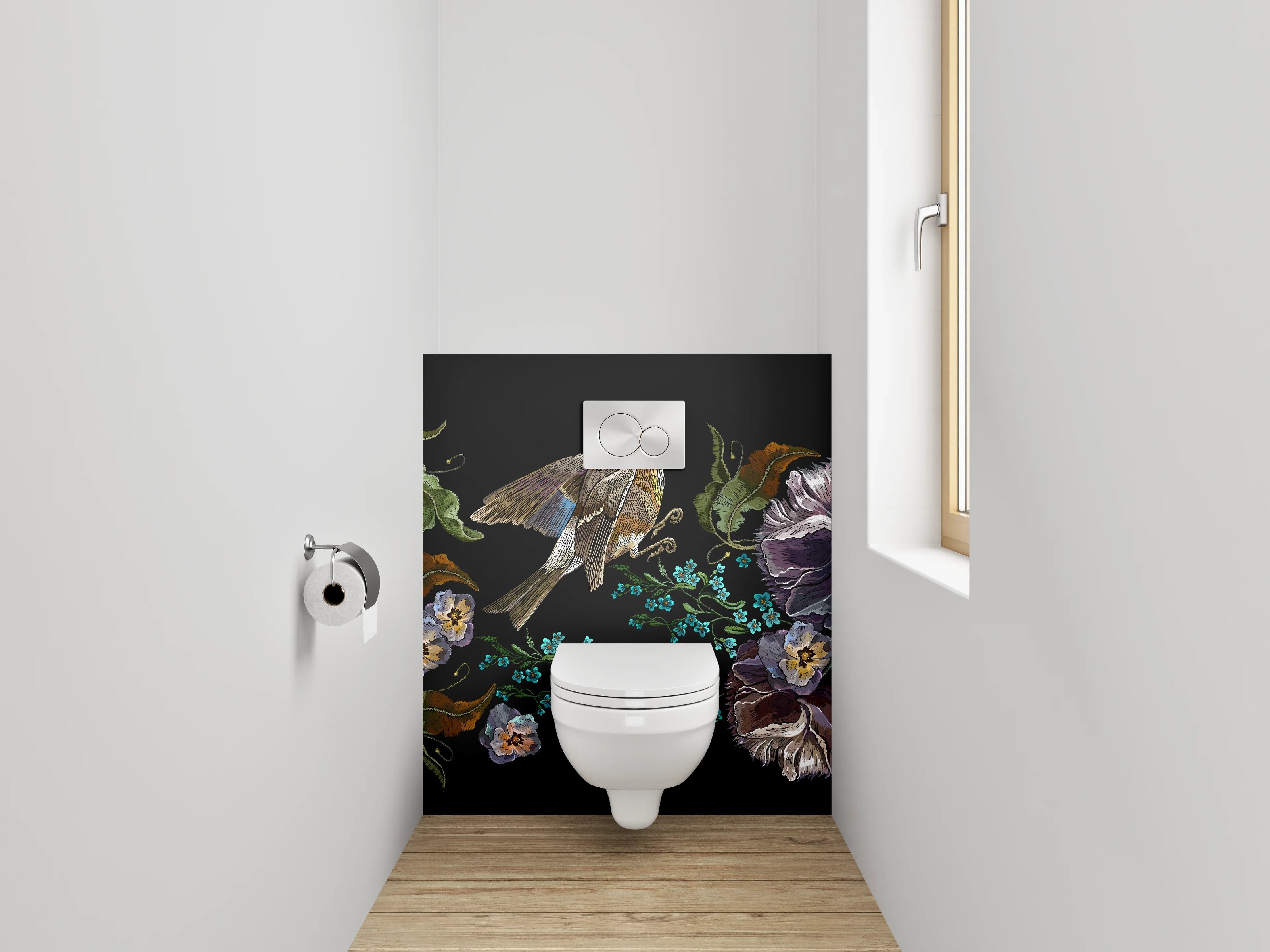 WC-Rückwand - Vogel und Blumen Illustration auf Schwarz