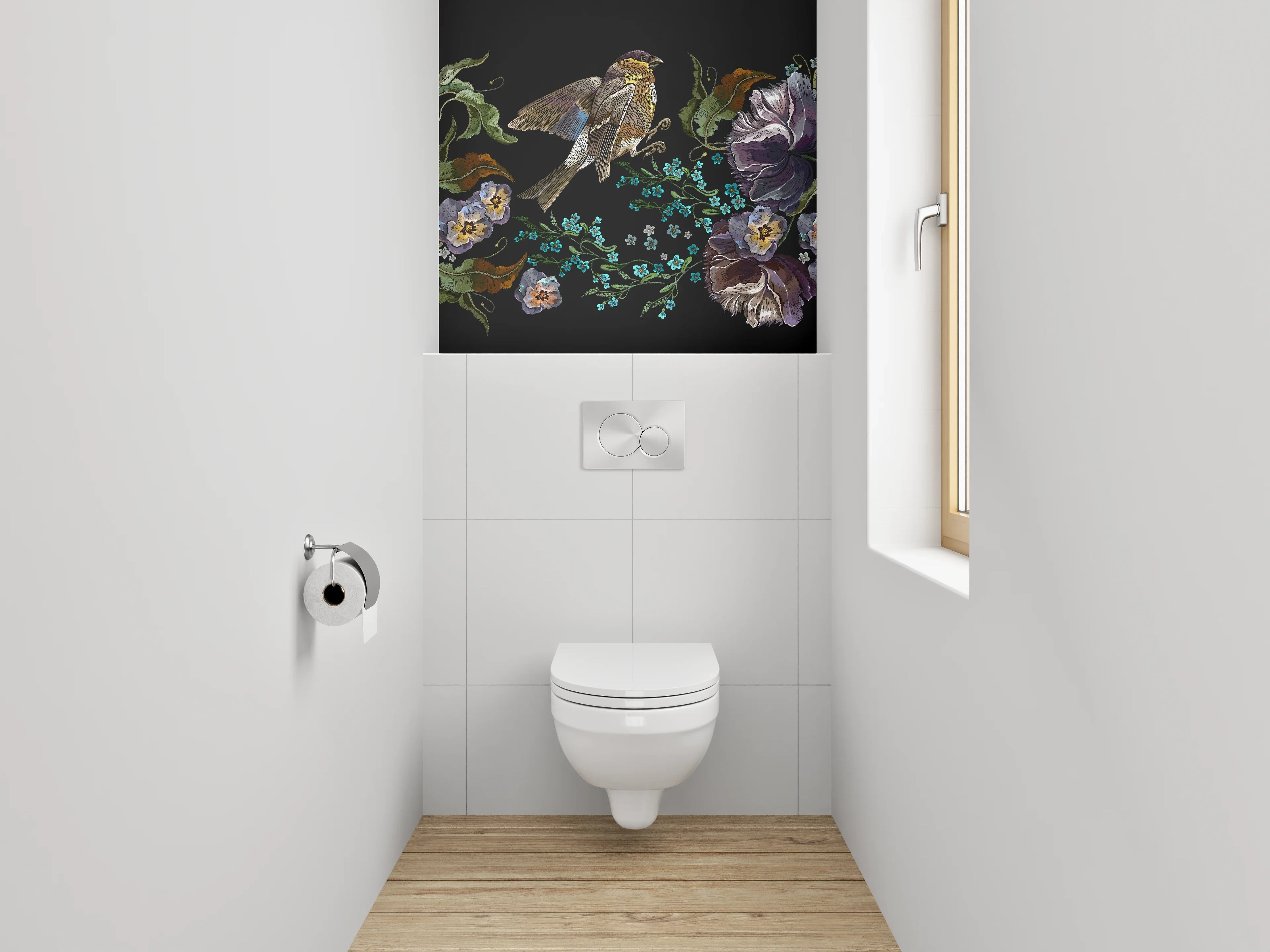 WC-Rückwand - Vogel und Blumen Illustration auf Schwarz