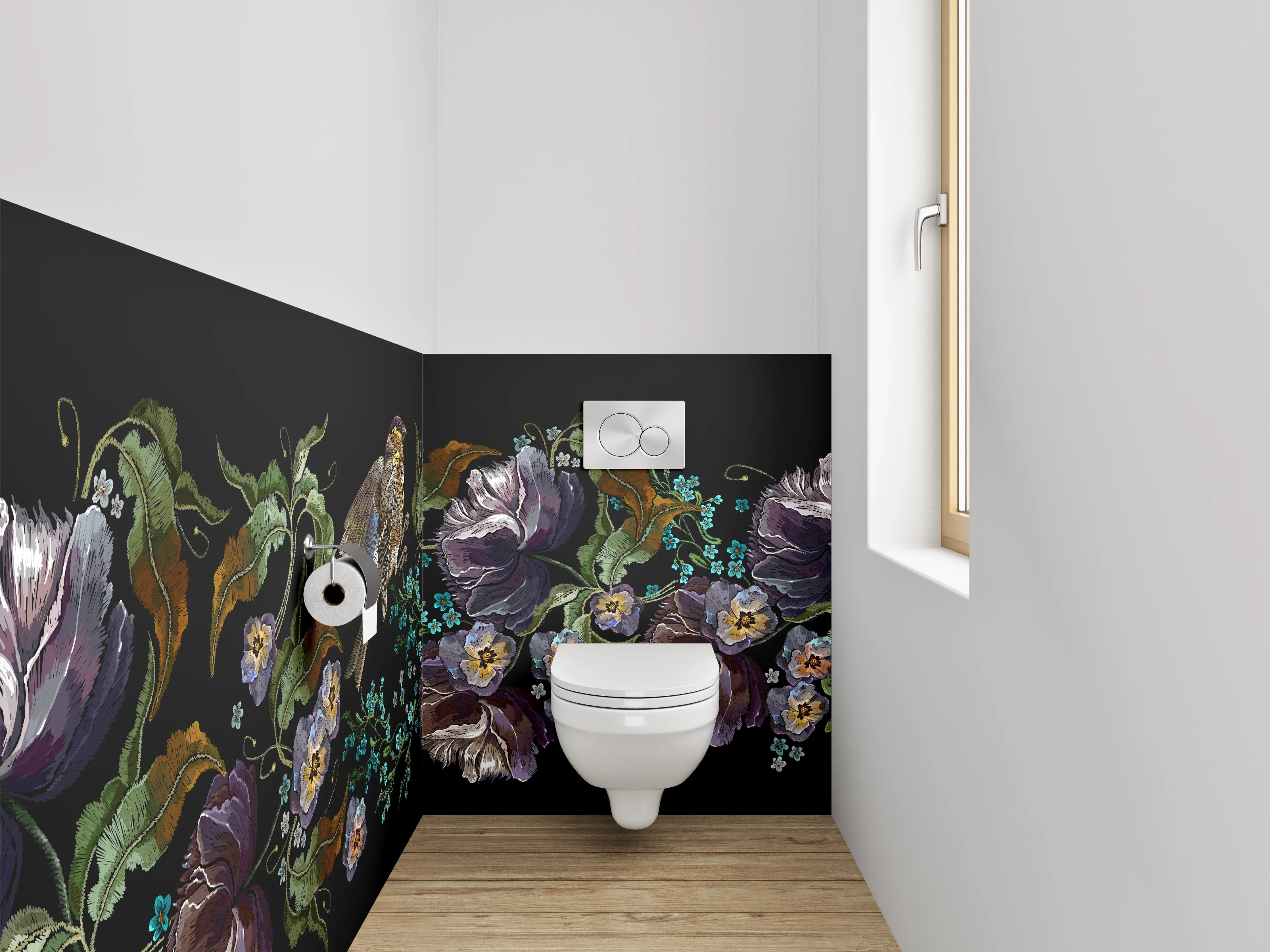 WC-Rückwand - Vogel und Blumen Illustration auf Schwarz