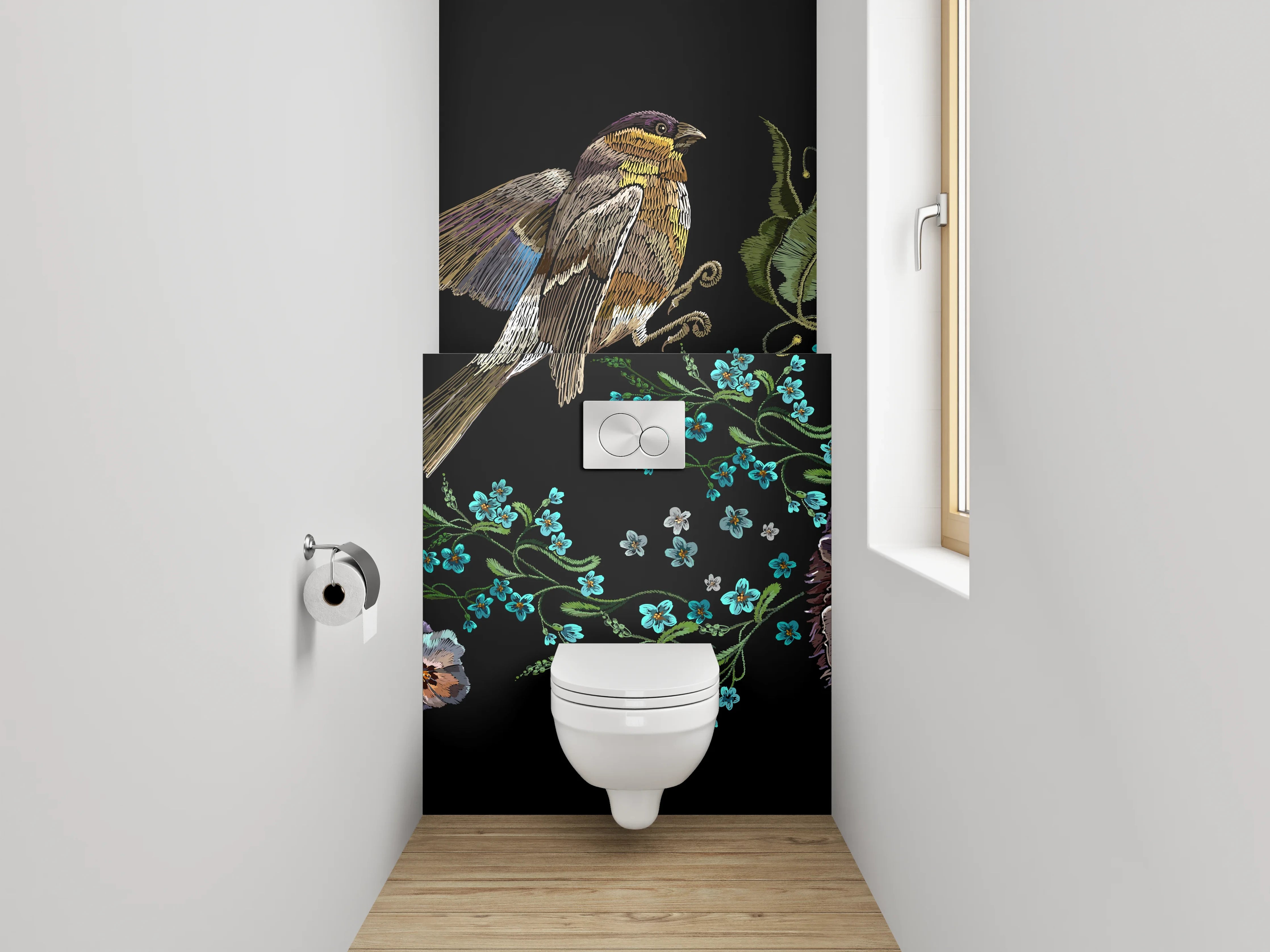 WC-Rückwand - Vogel und Blumen Illustration auf Schwarz