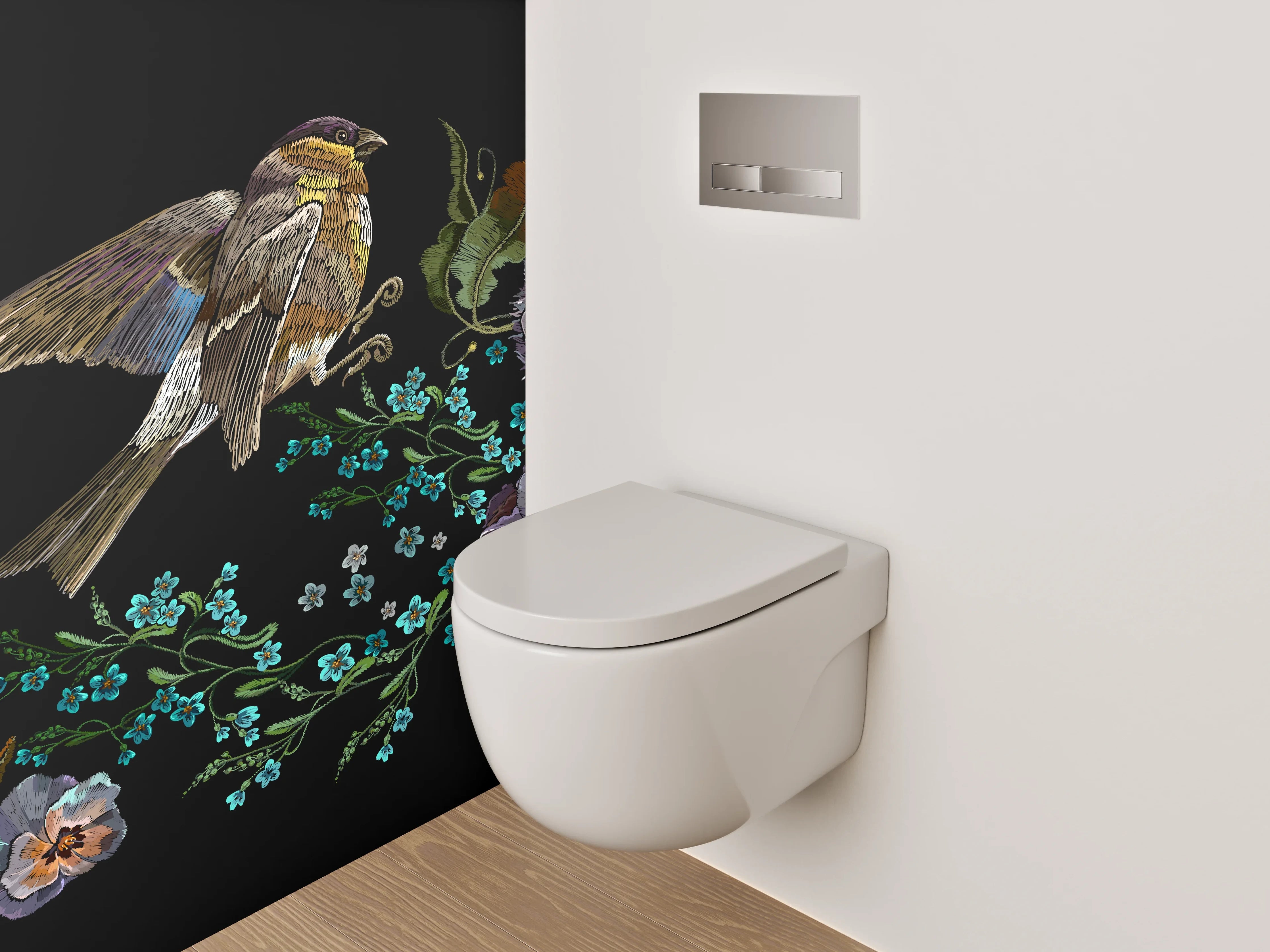 WC-Rückwand - Vogel und Blumen Illustration auf Schwarz