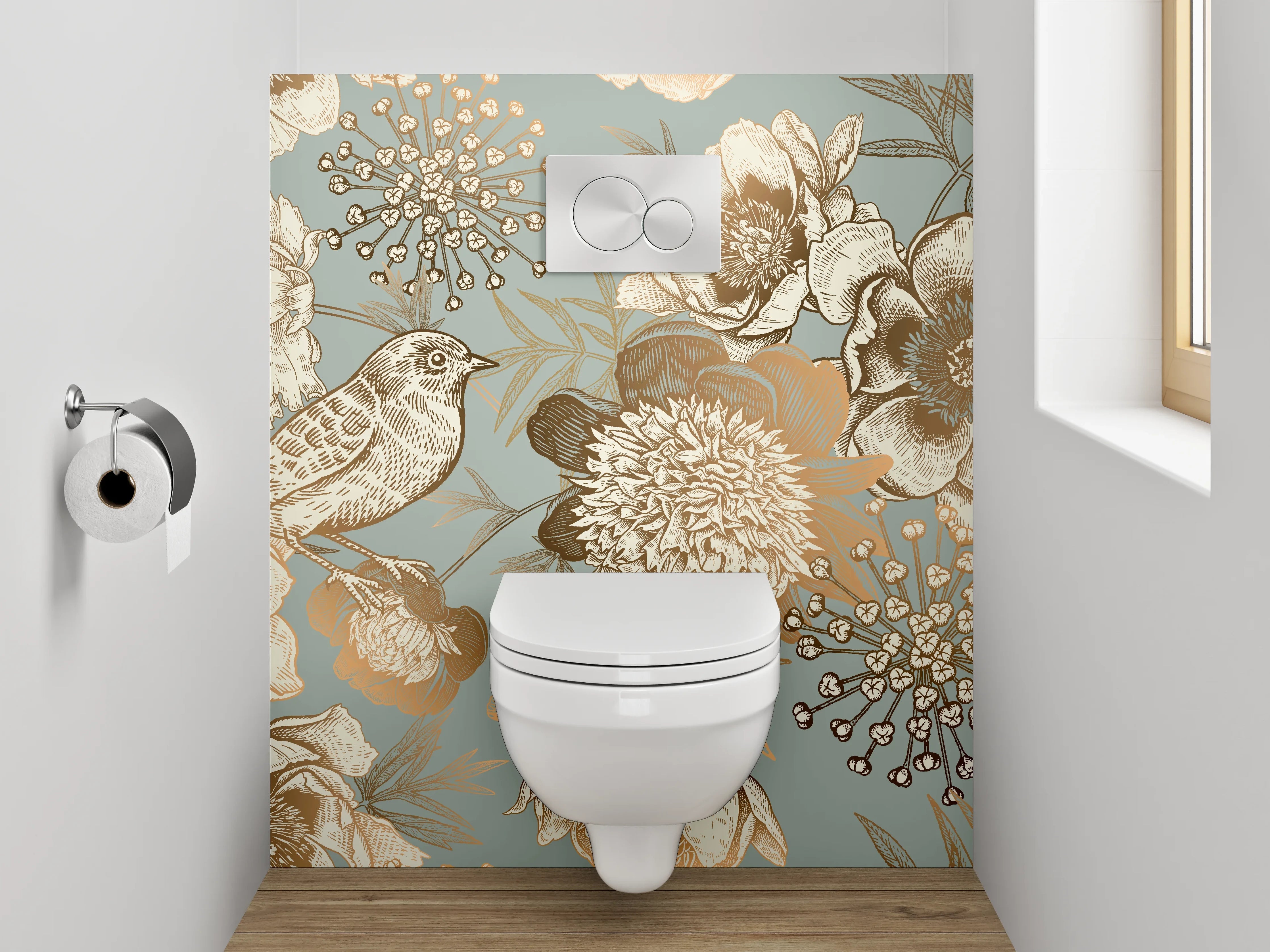 WC-Rückwand - Vogel und Blumen Vintage Illustration