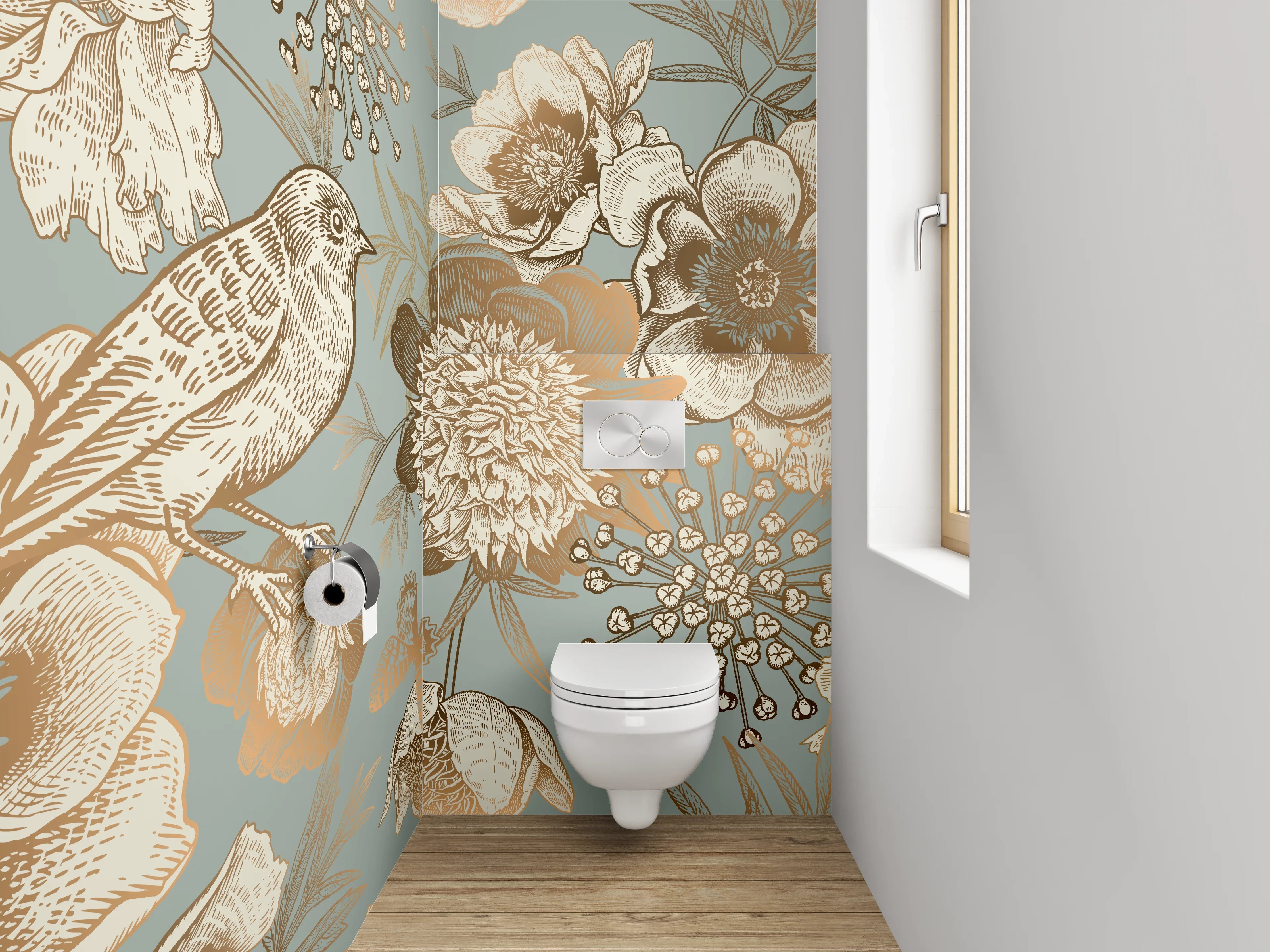 WC-Rückwand - Vogel und Blumen Vintage Illustration