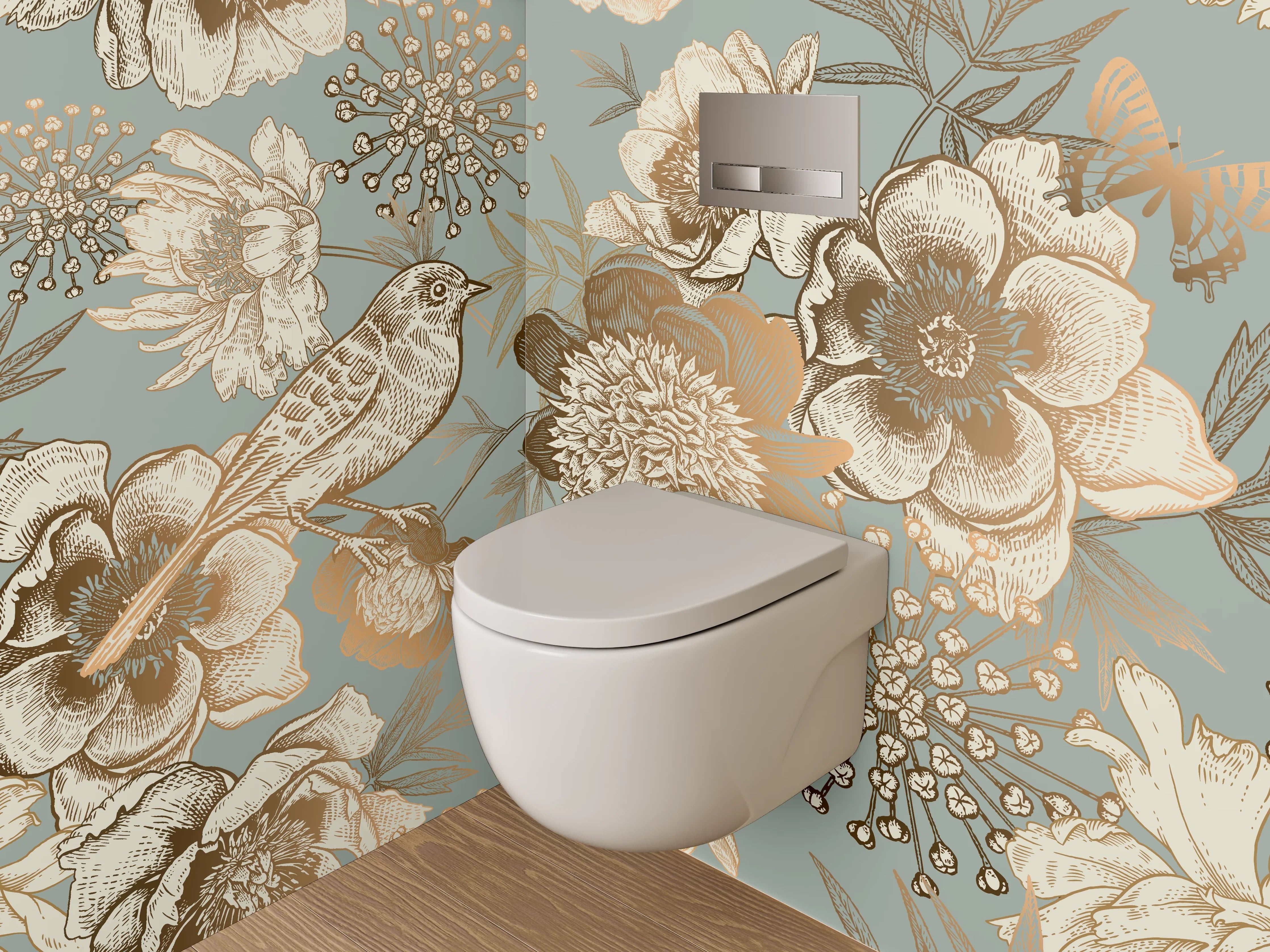 WC-Rückwand - Vogel und Blumen Vintage Illustration