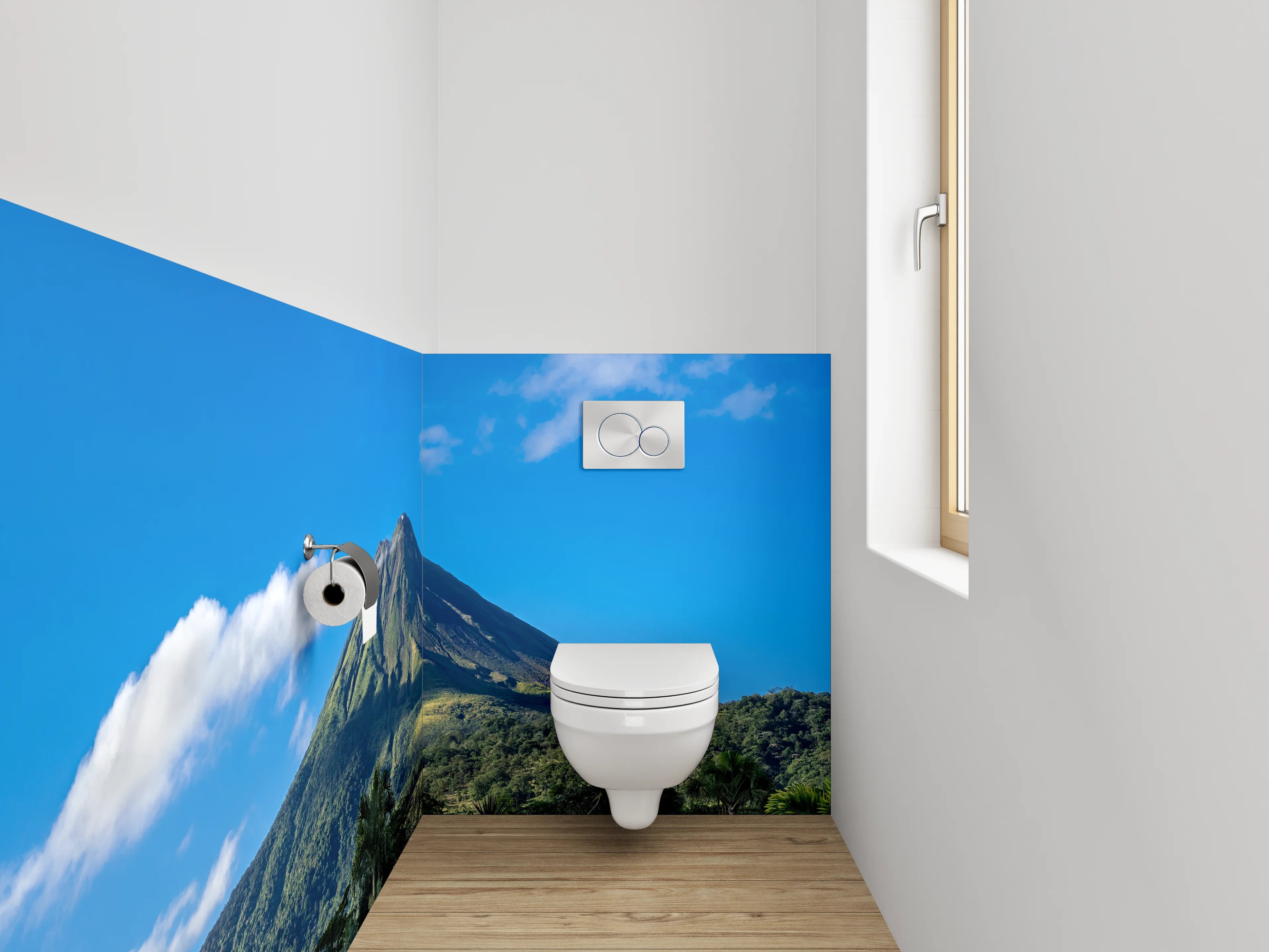 WC-Rückwand - Vulkan vor blauem Himmel