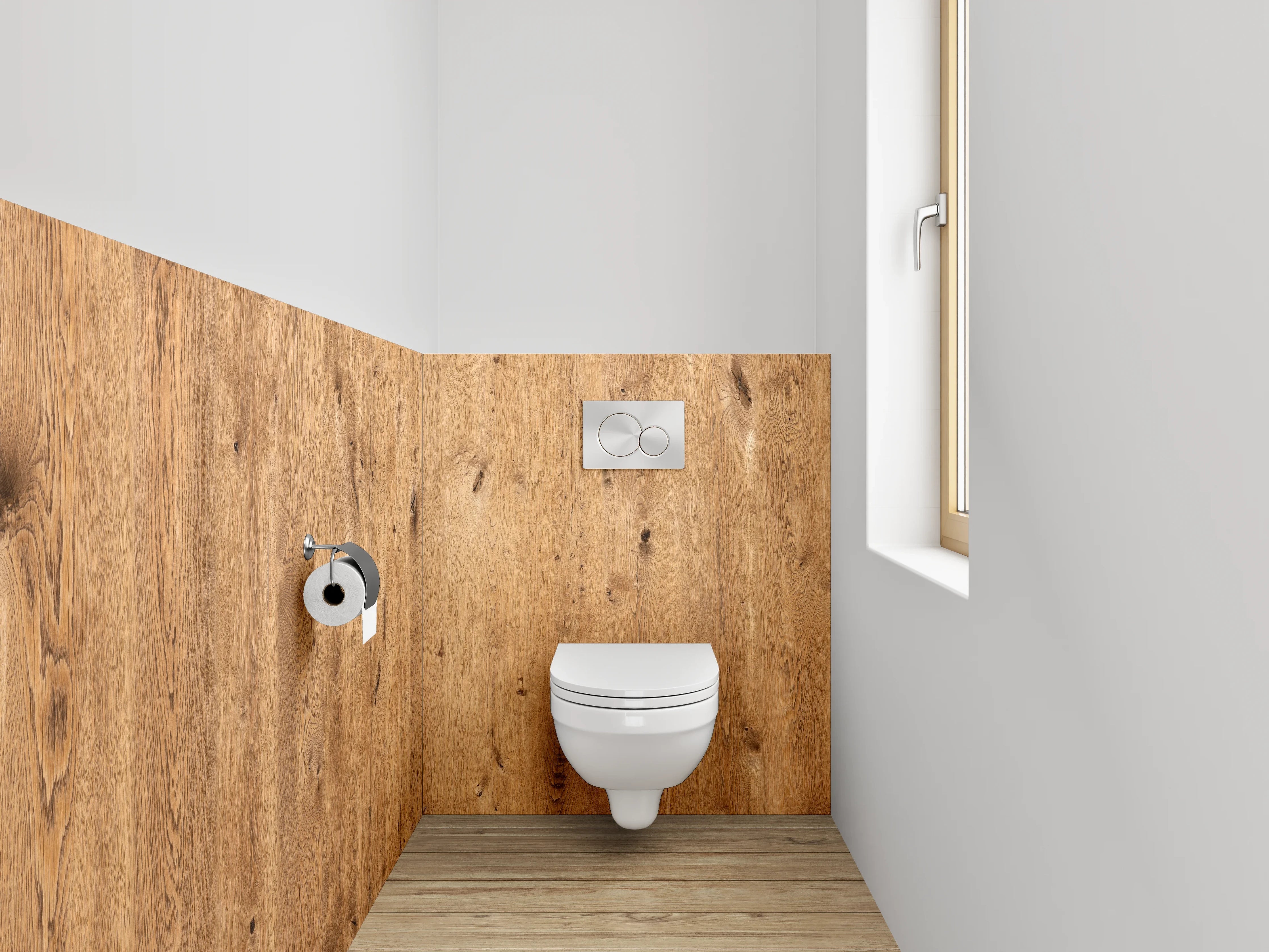 WC-Rückwand - Graue Holzoptik Eleganz