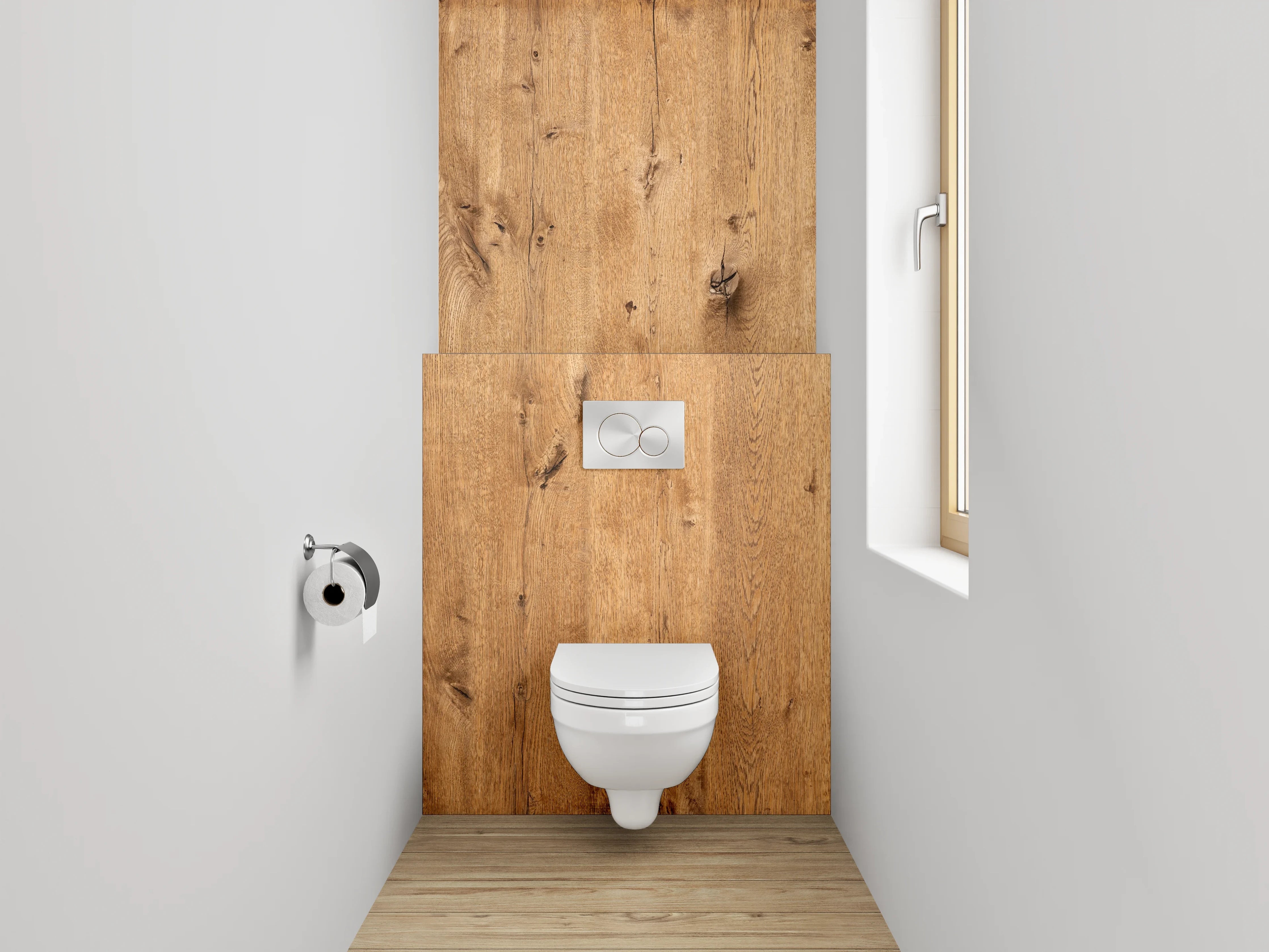 WC-Rückwand - Graue Holzoptik Eleganz