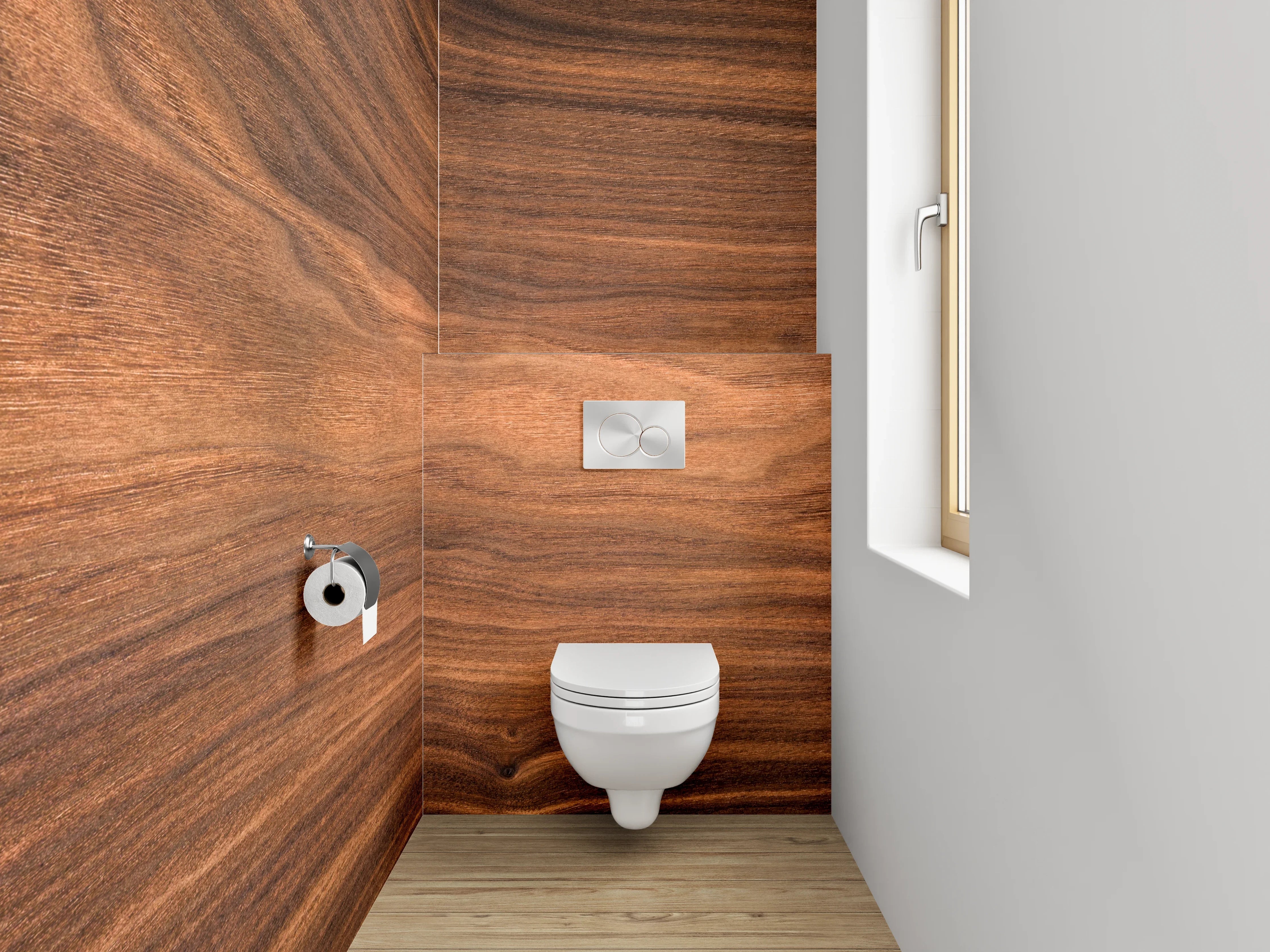 WC-Rückwand - Wärmeholz mit eleganten Maserungen