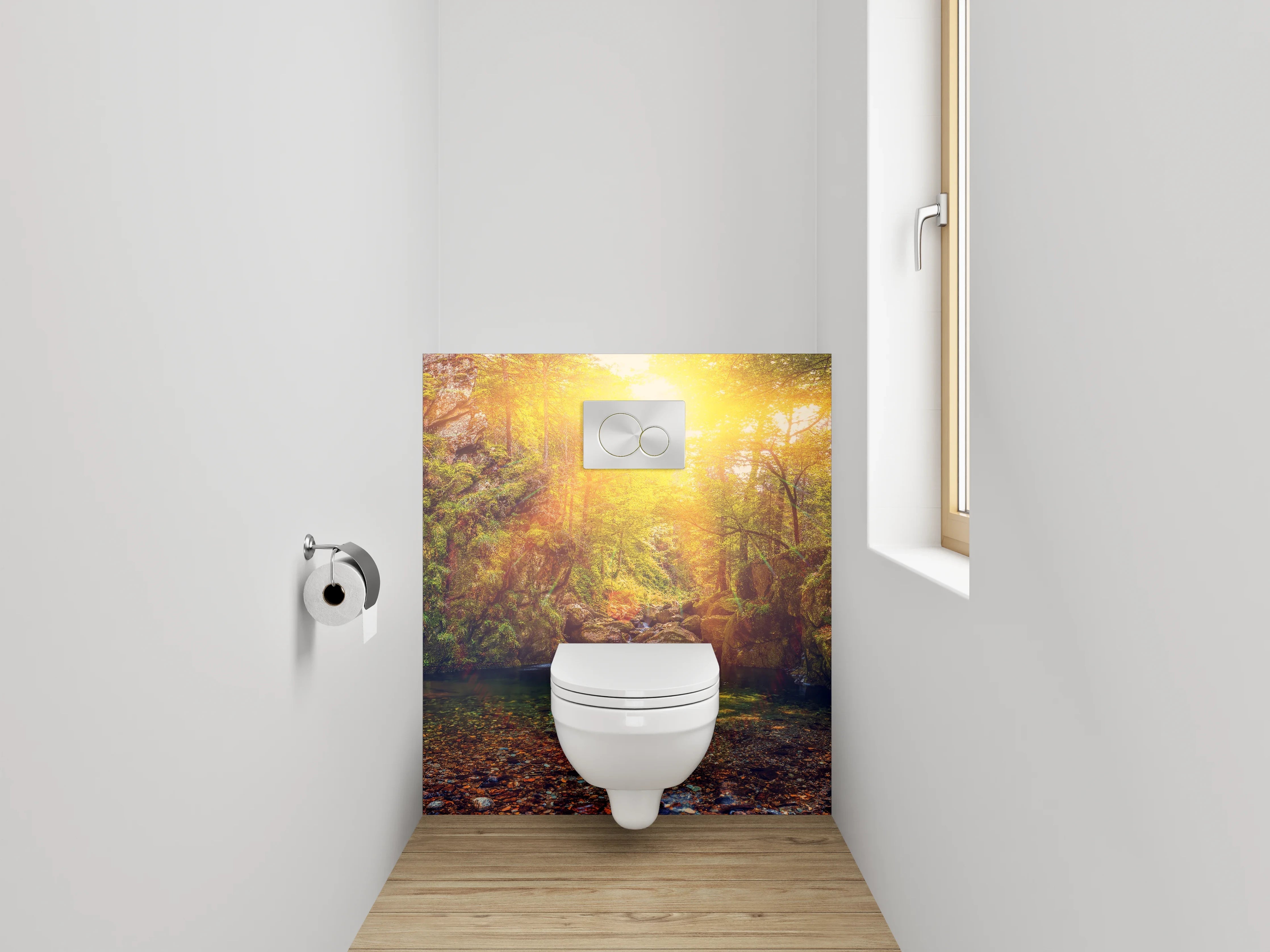 WC-Rückwand - Waldsee im Sonnenlicht