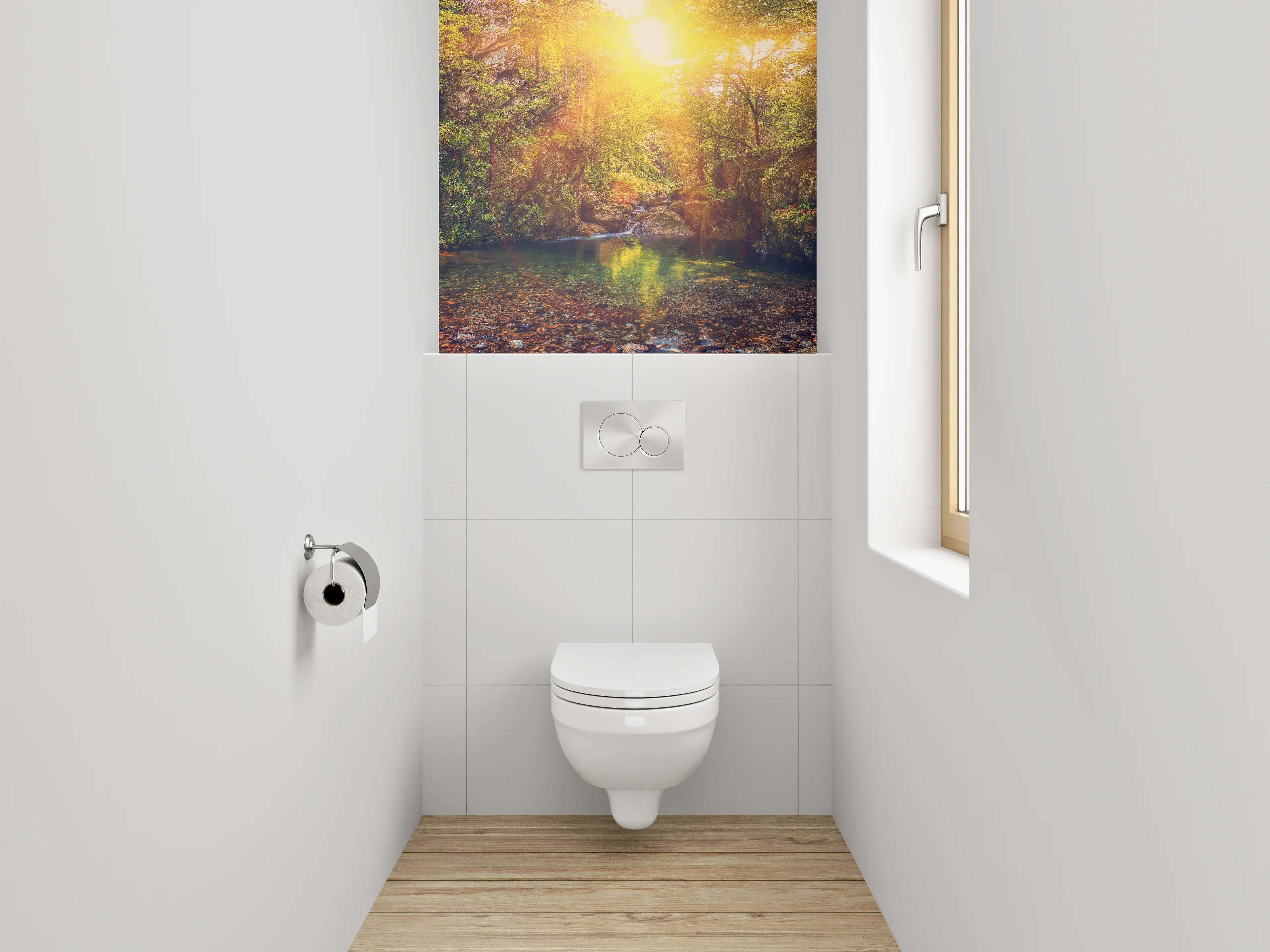 WC-Rückwand - Waldsee im Sonnenlicht