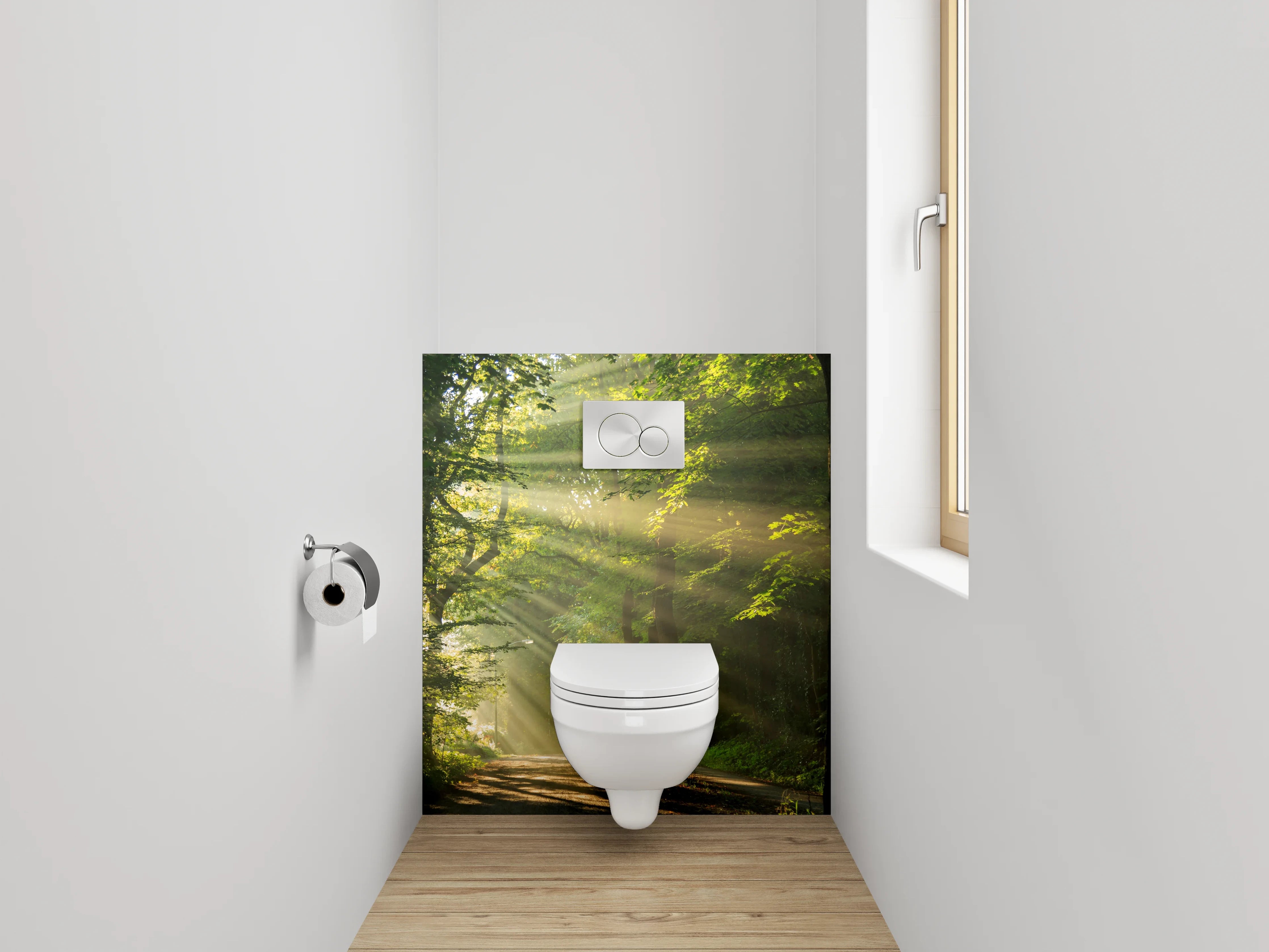WC-Rückwand - Waldspaziergang am Morgen – Sonnenstrahlen