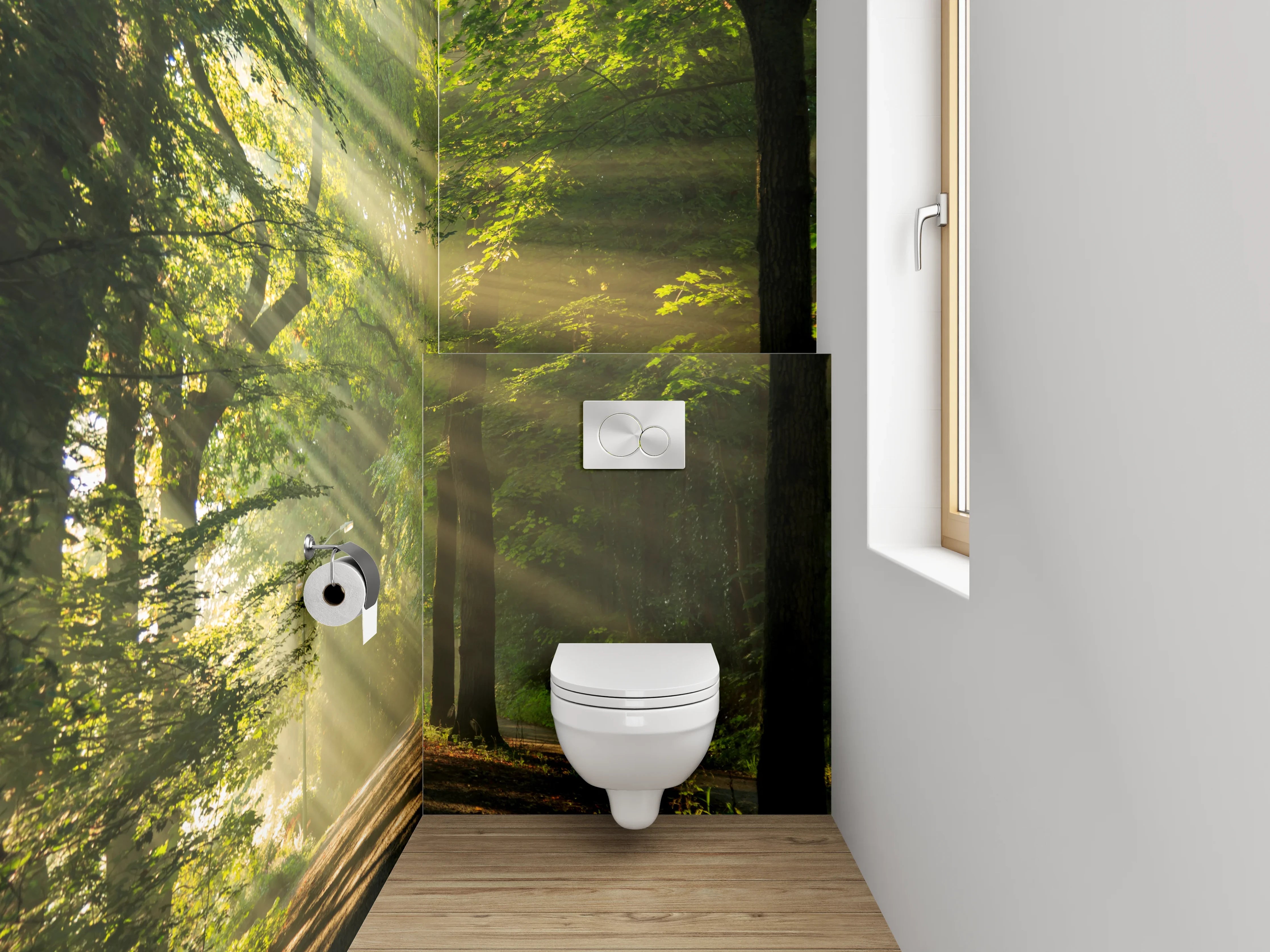 WC-Rückwand - Waldspaziergang am Morgen – Sonnenstrahlen