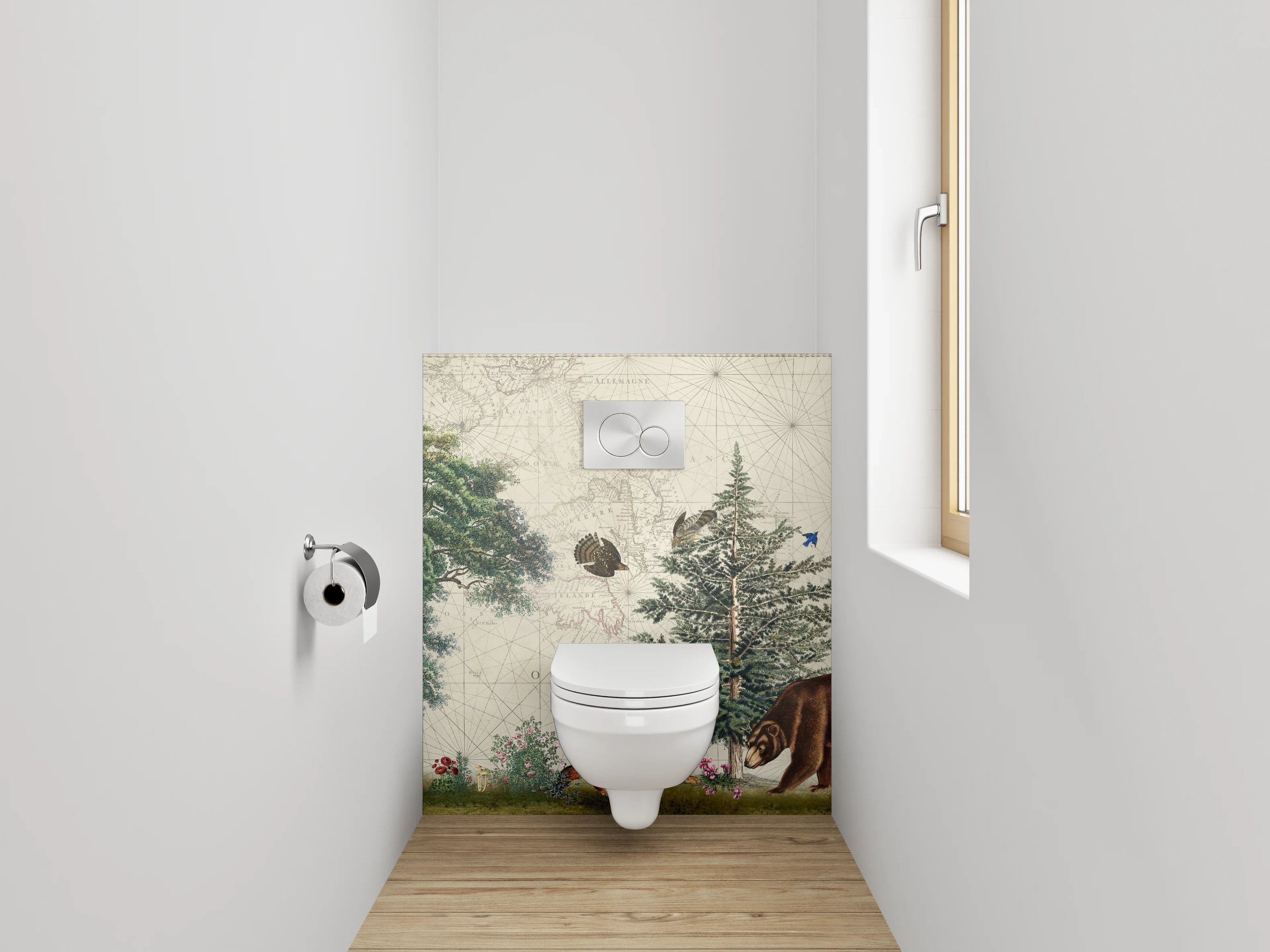 WC-Rückwand - Waldtiere auf antiker Weltkarte