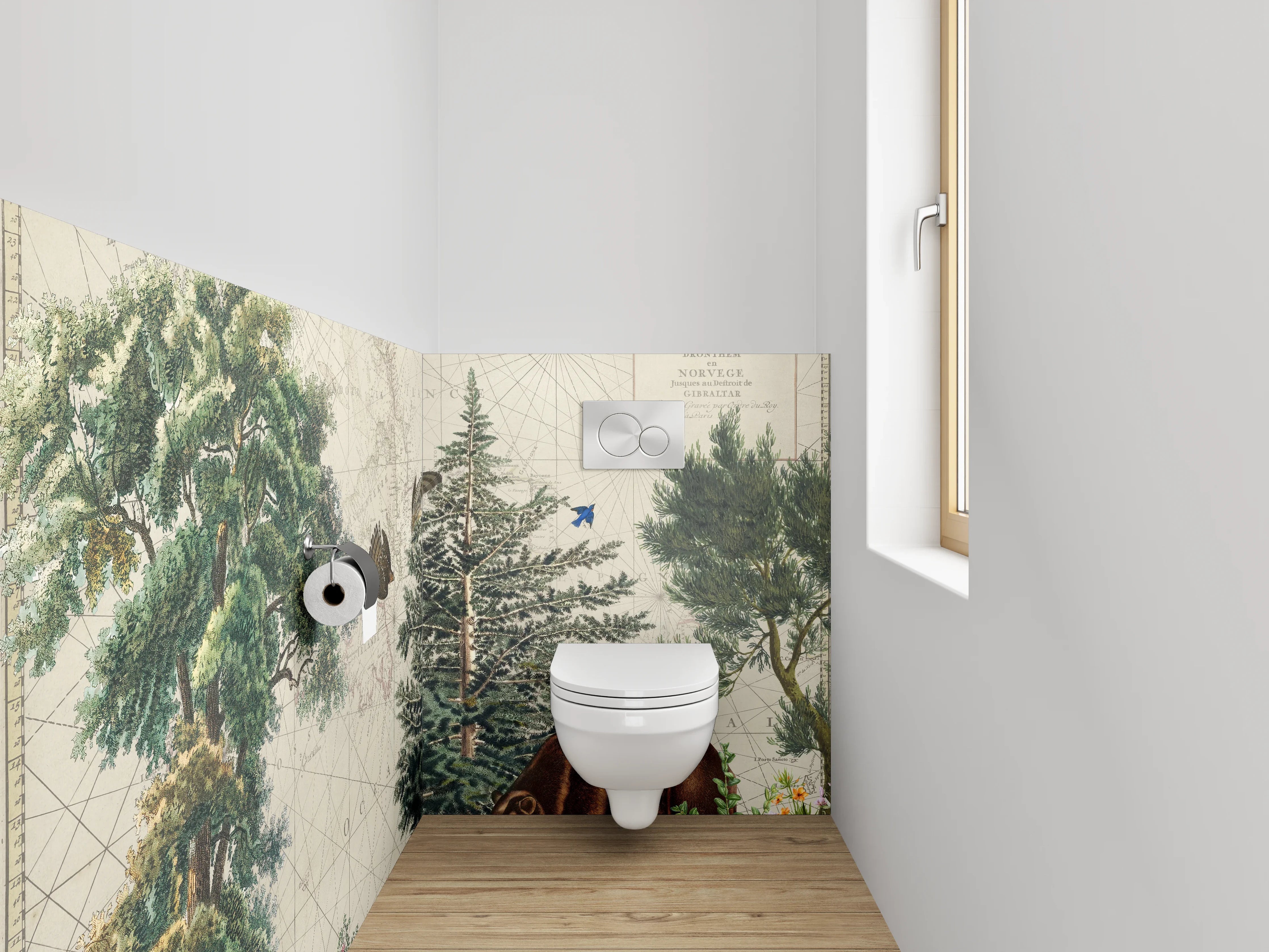 WC-Rückwand - Waldtiere auf antiker Weltkarte