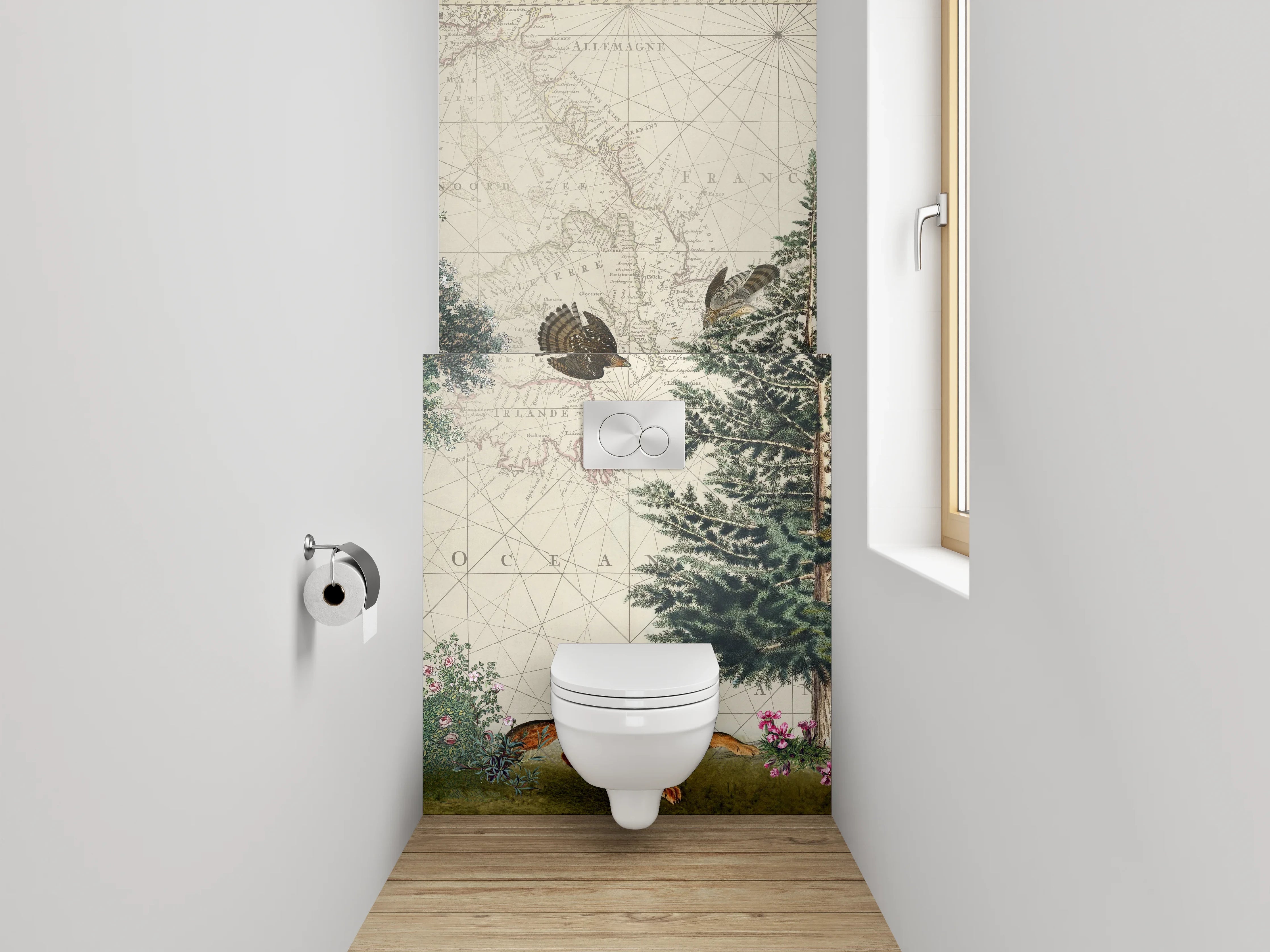 WC-Rückwand - Waldtiere auf antiker Weltkarte